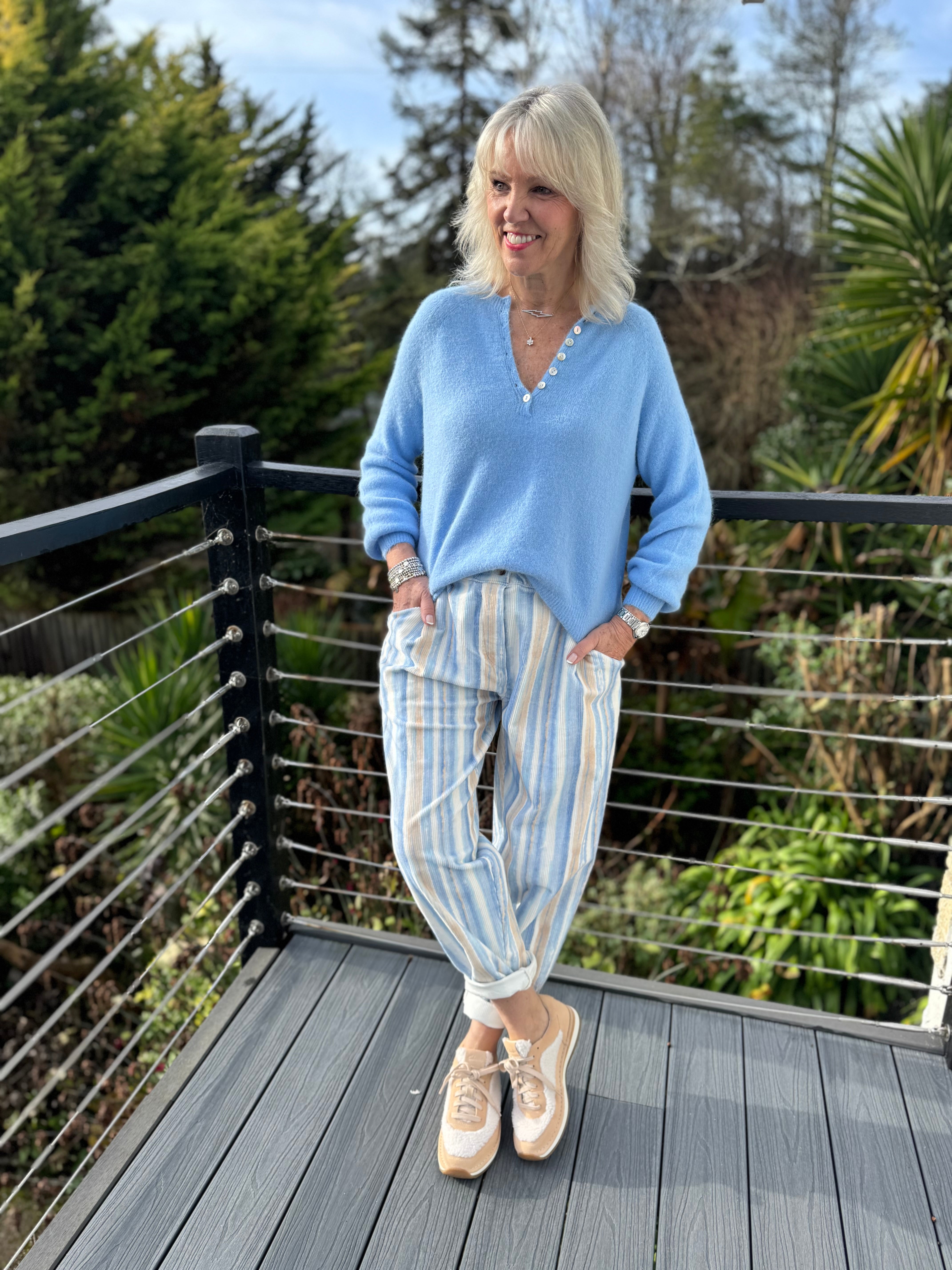 Softie Jumper with Button Neck in Soft Blue