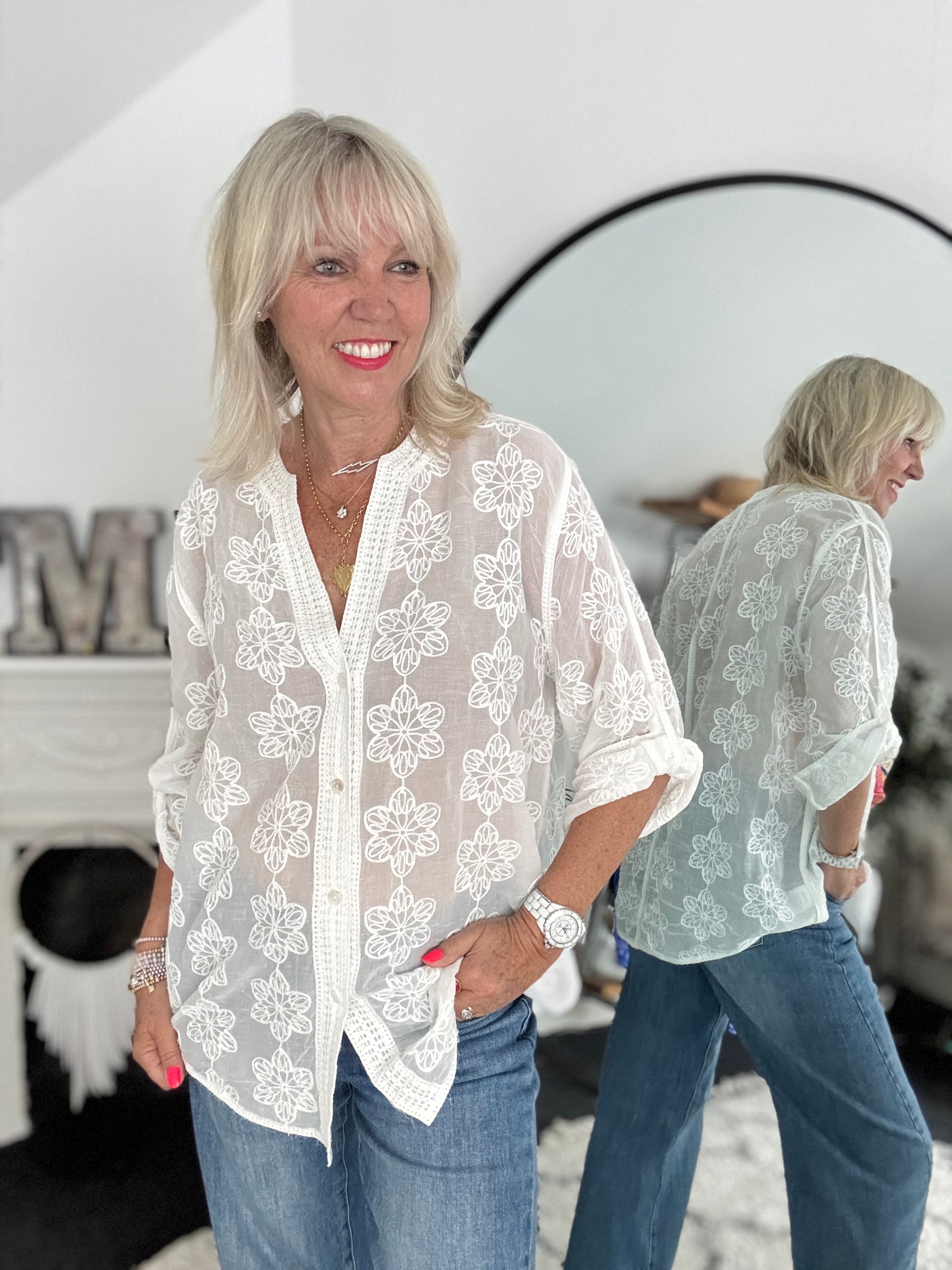 Embroidered Buttoned Top in Ivory