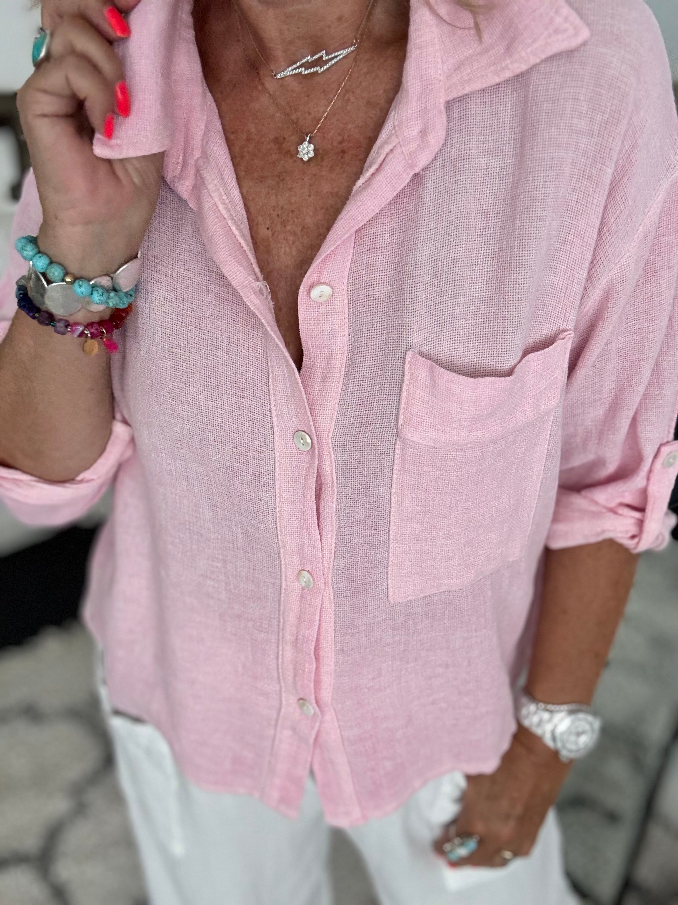 Linen & Cotton Pocket Top in Pink