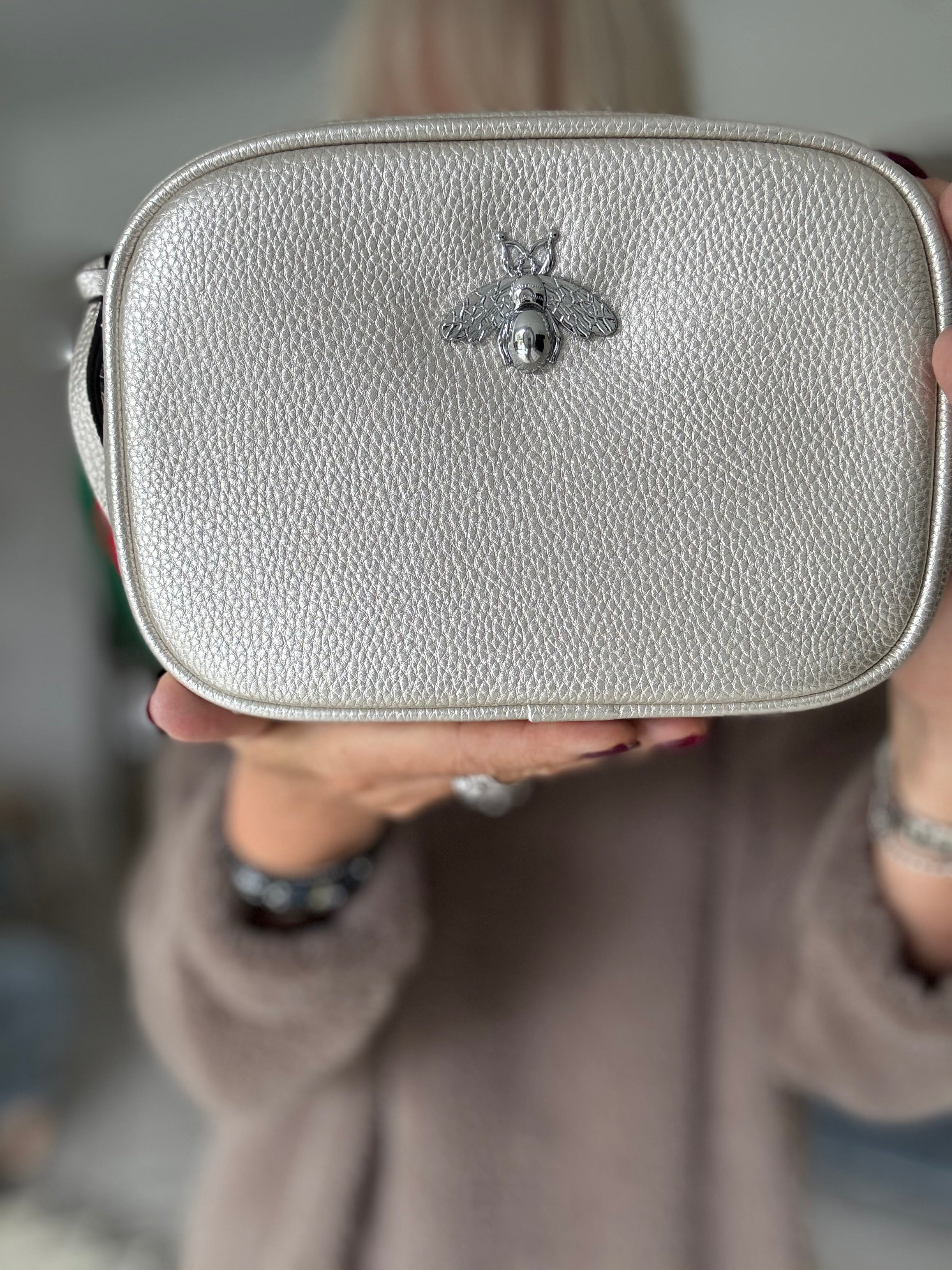 Crossbody Bee Bag in Metallic Pearl with Stripe Strap