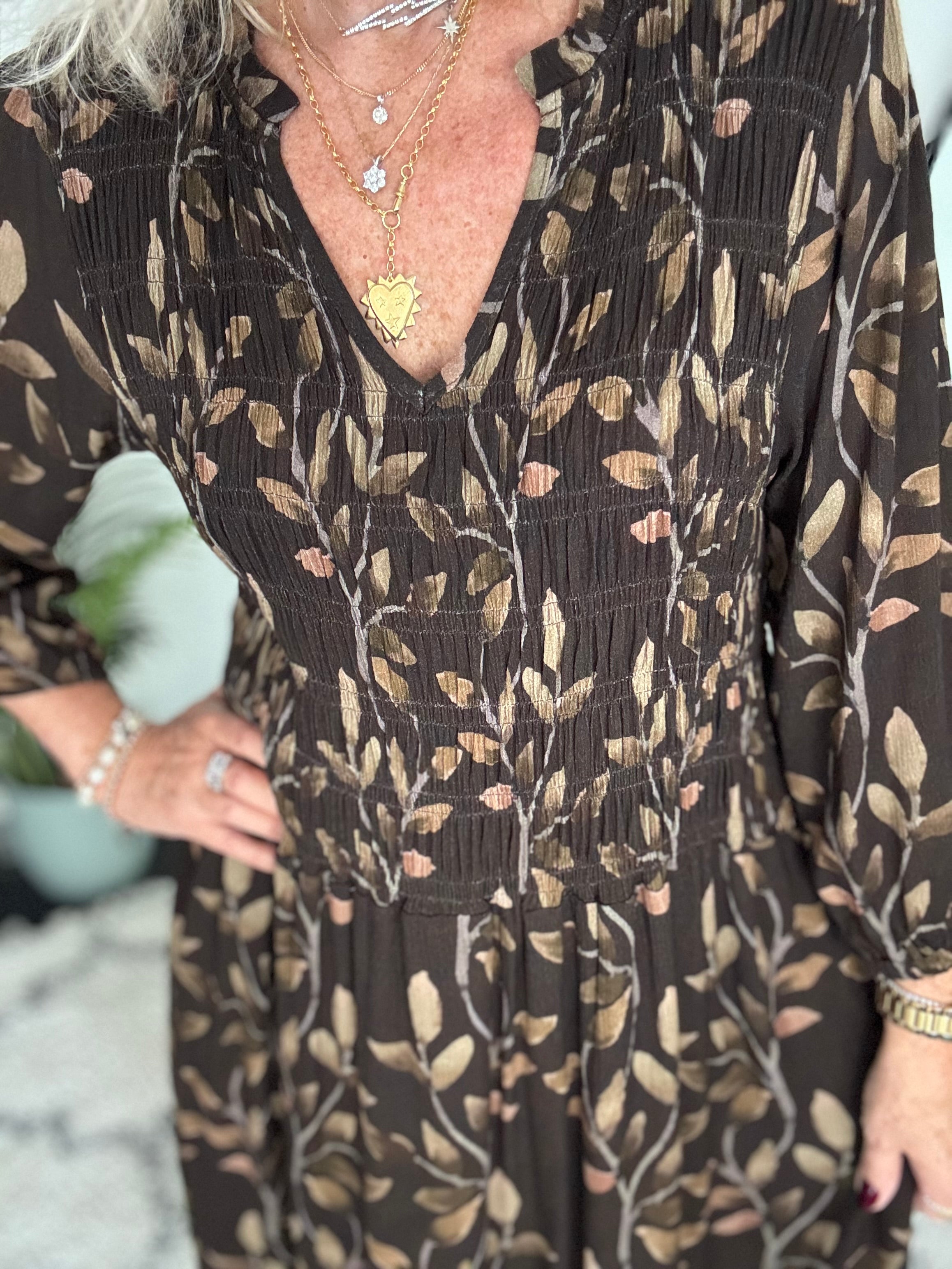 Leaf Print Dress with Shirred Bodice in Chocolate