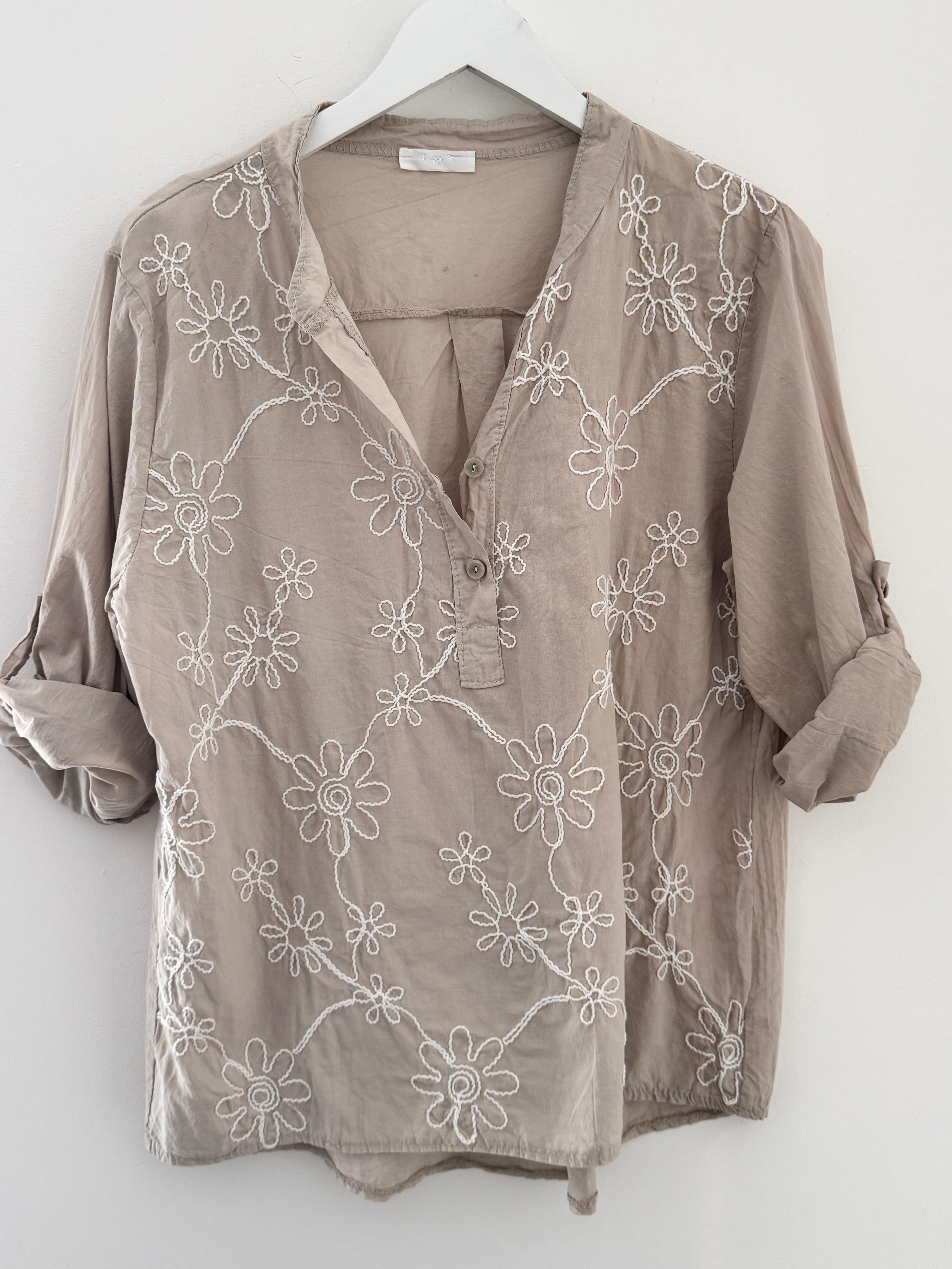 Embroidered Buttoned Top in Stone