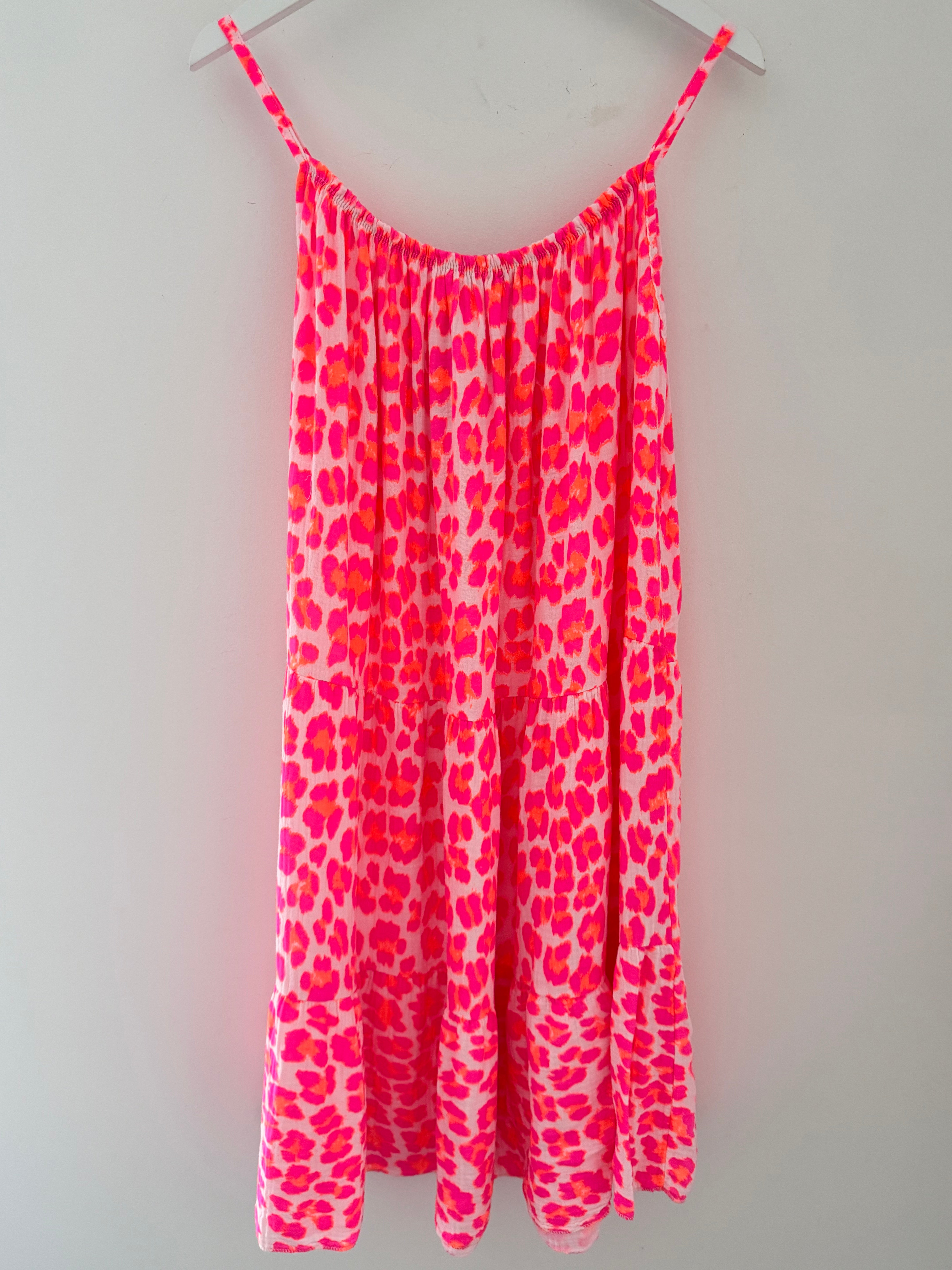 Leopard Cheesecloth Dress in Neon Pink
