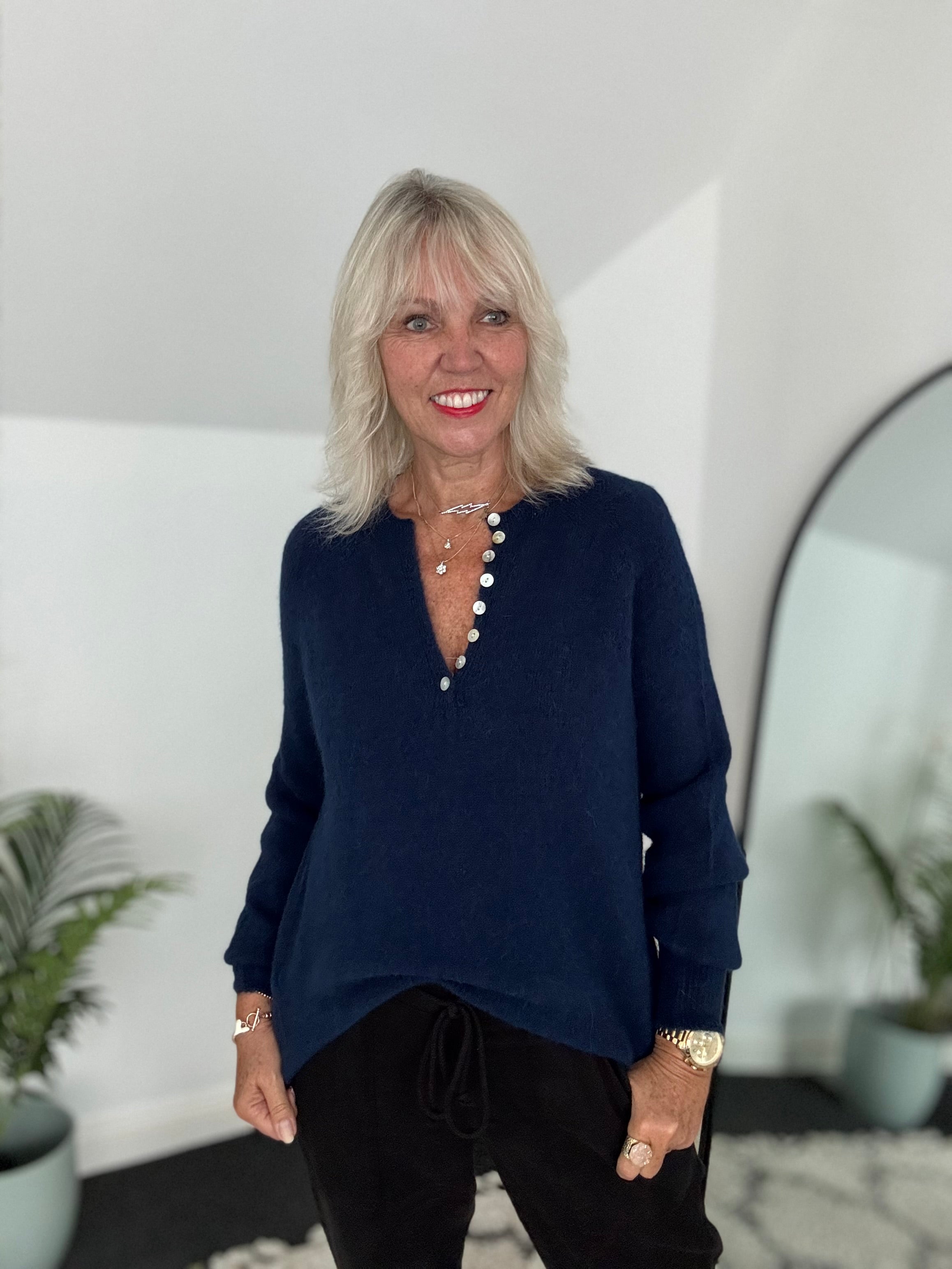 Softie Jumper with Button Neck in Navy