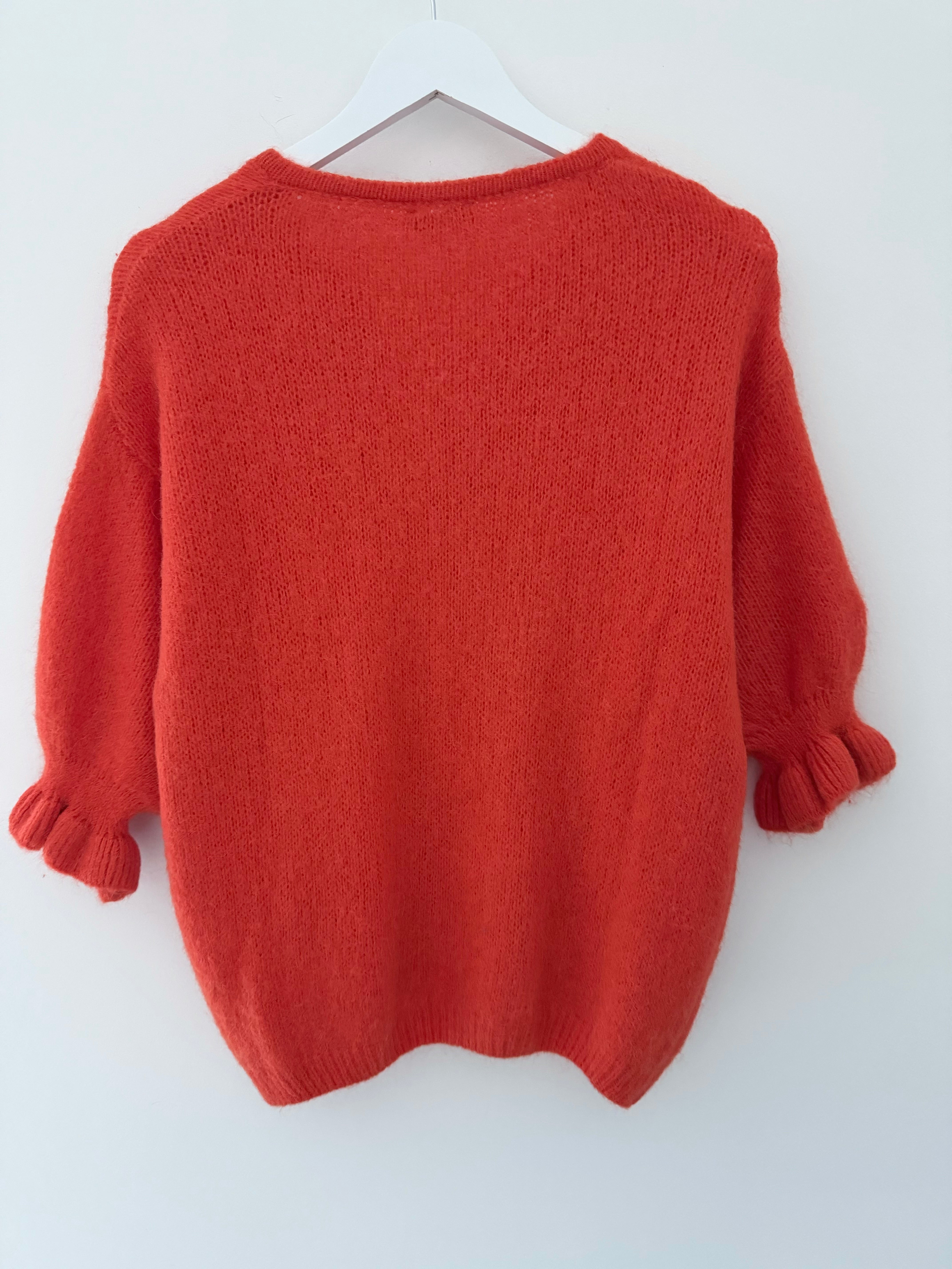 Alpaca Cardi with Frill Cuffs in Orange/Red