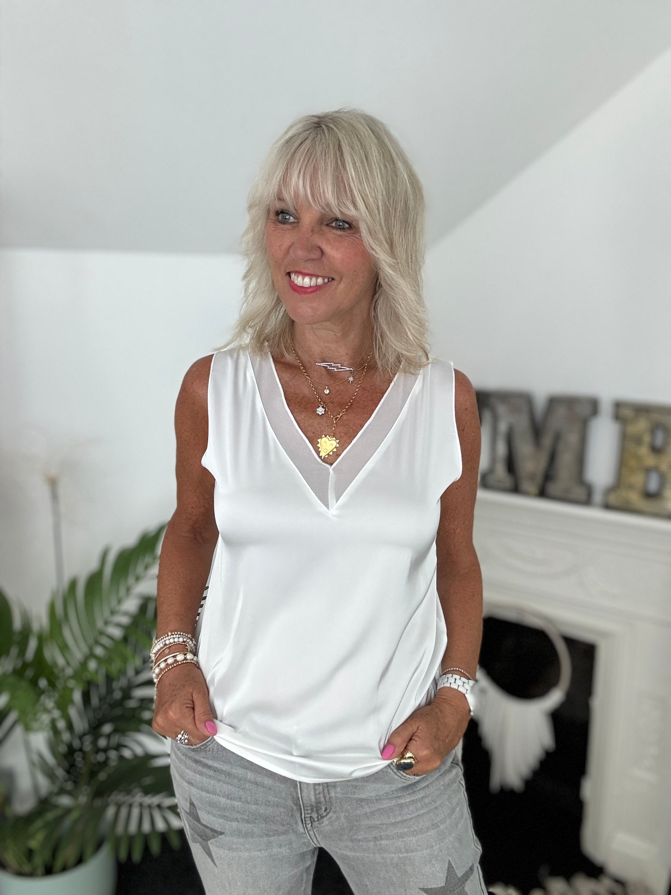 Silky V Neck Vest in Ivory