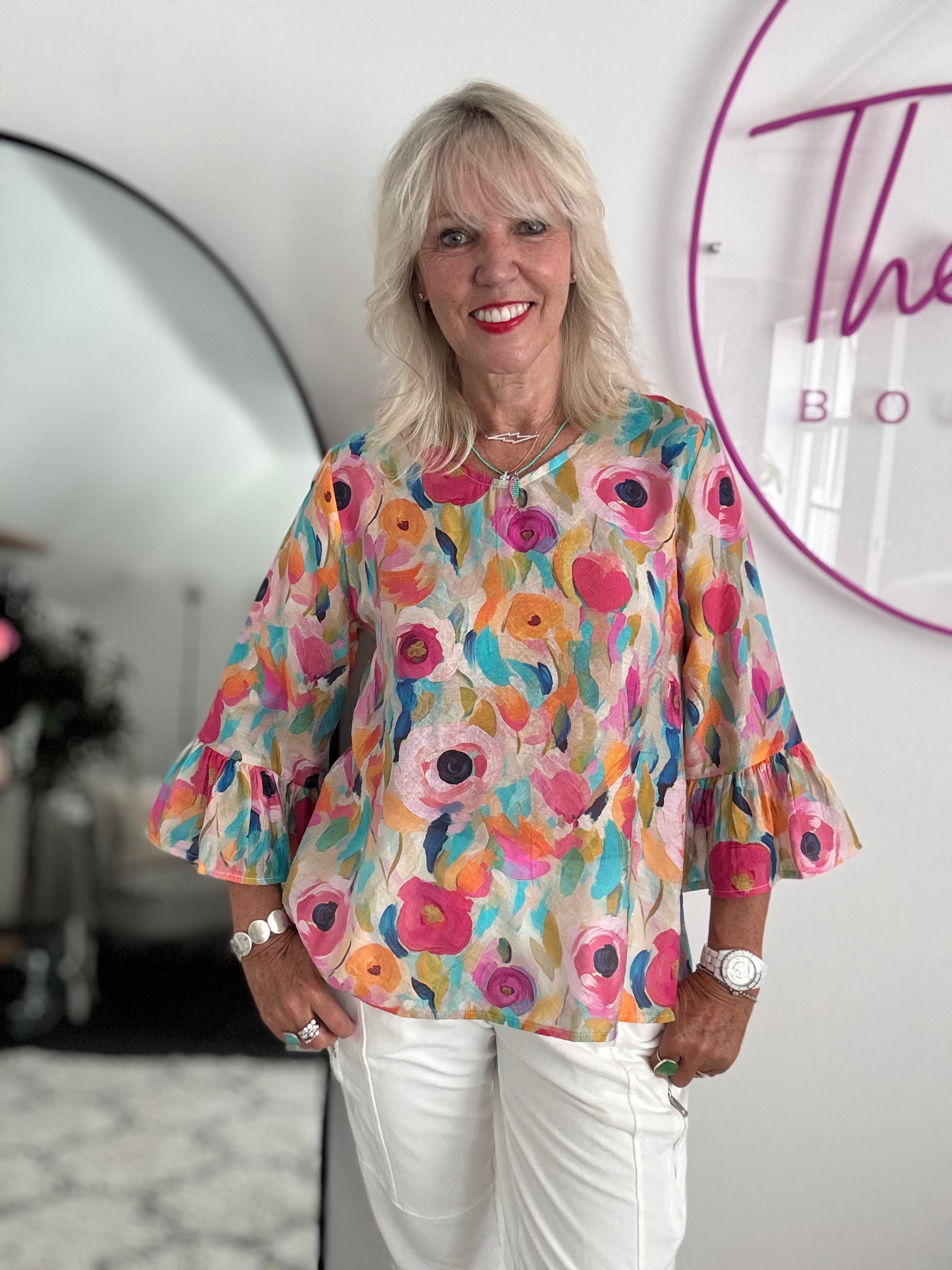 Silky Floral Top with Ruffle Sleeves
