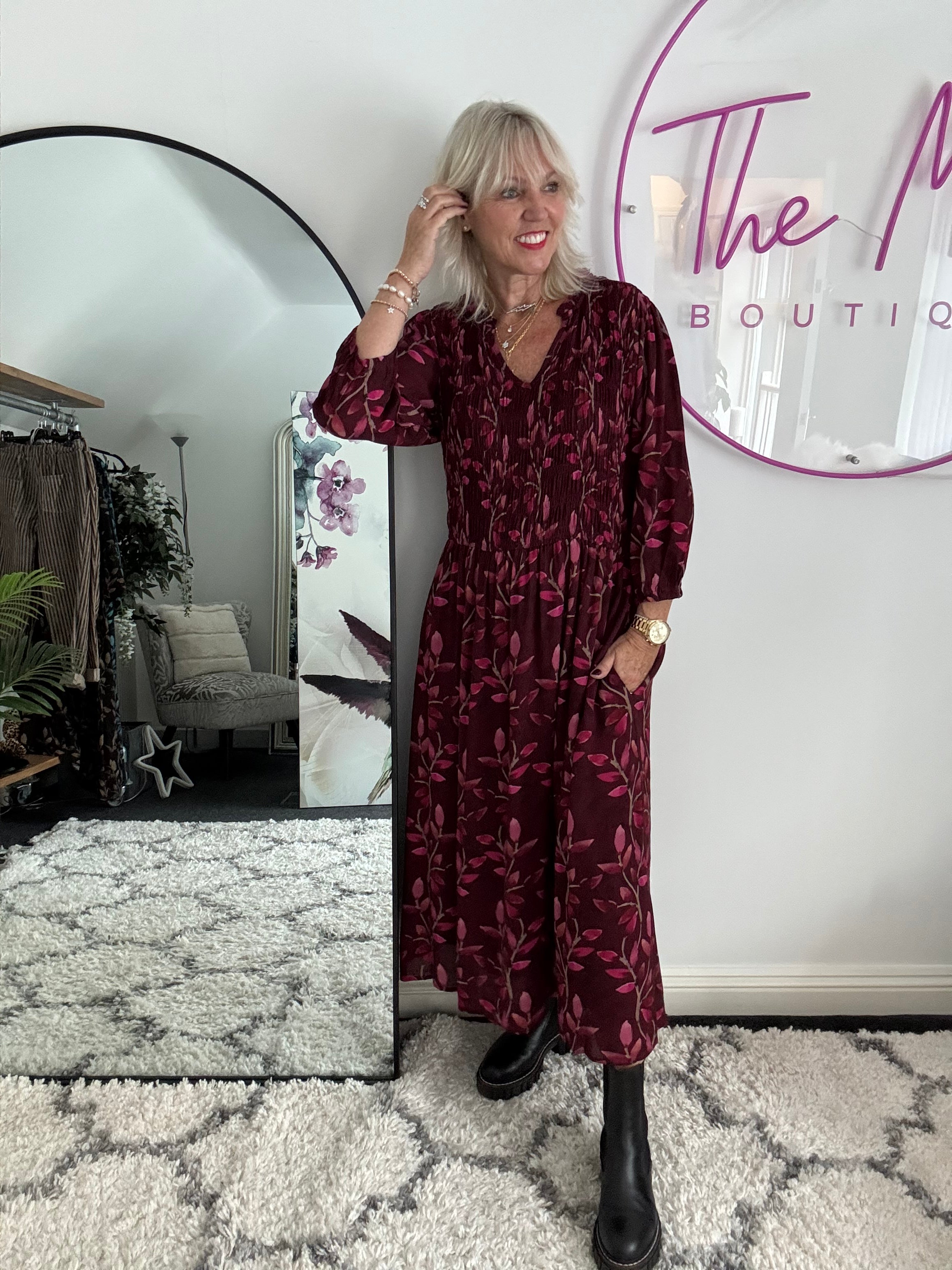 Leaf Print Dress with Shirred Bodice in Wine