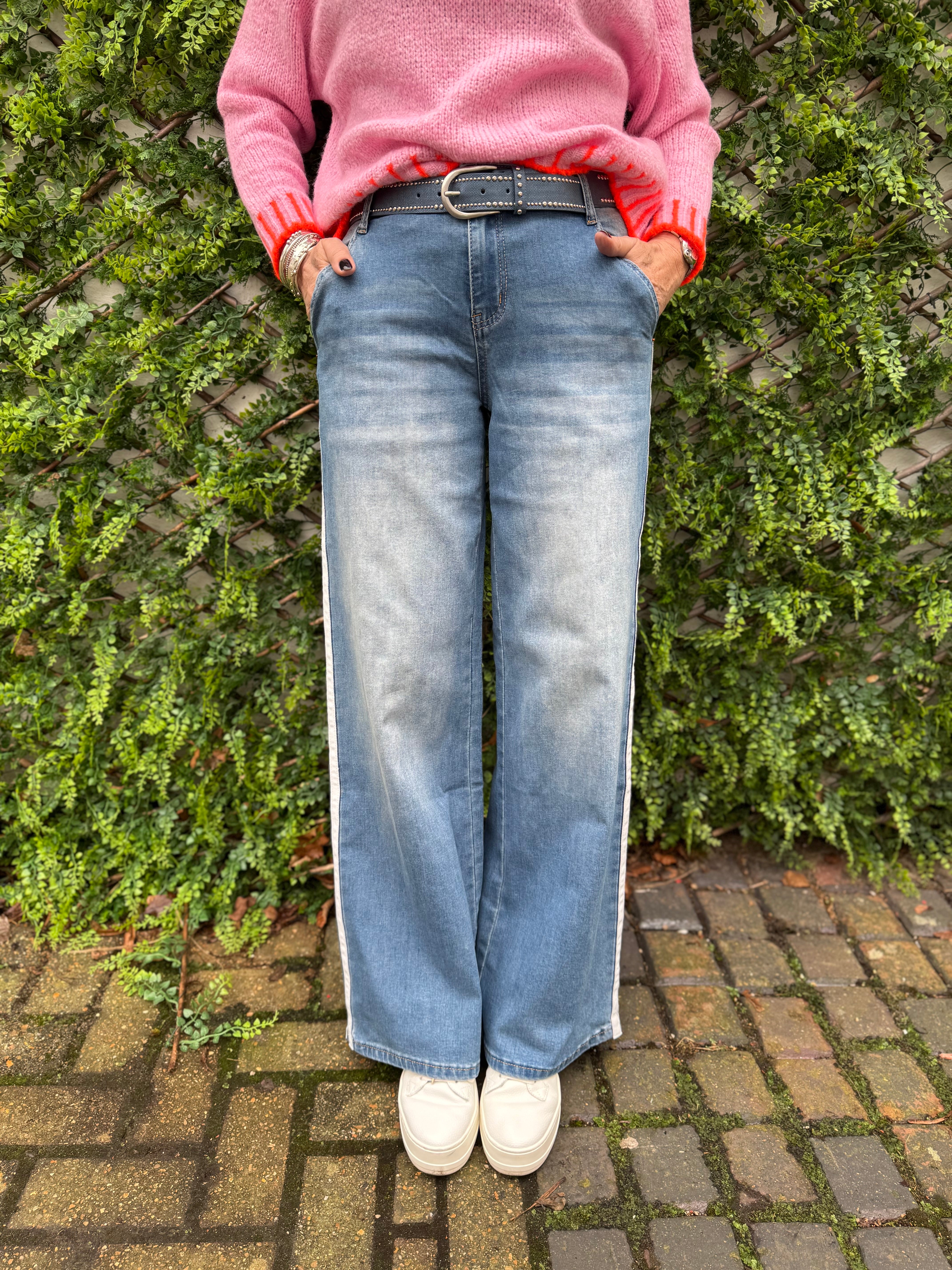 Soft Flared Jeans with Side Stripes in Light Denim