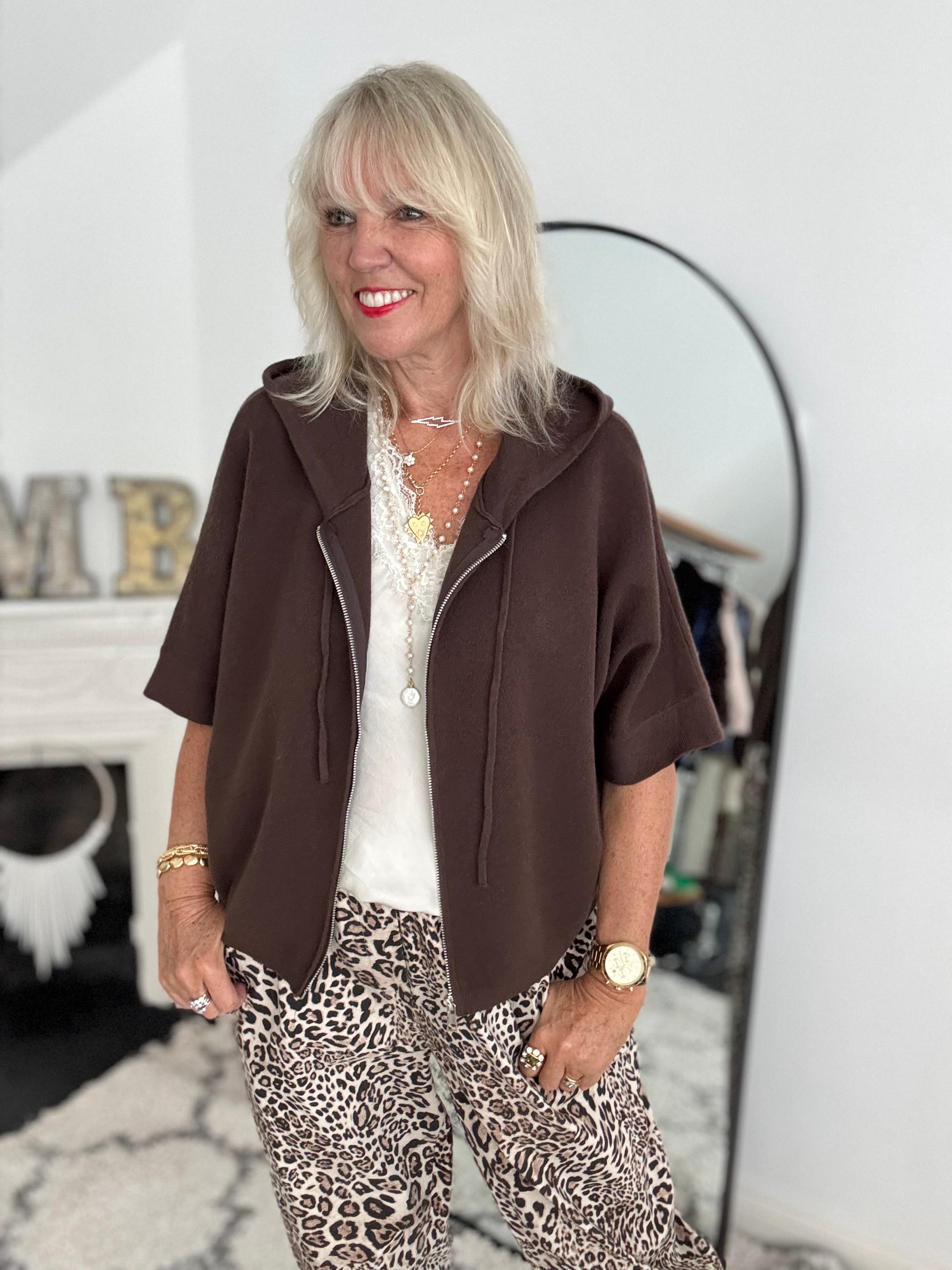 Soft Hooded Zipped Knit in Chocolate