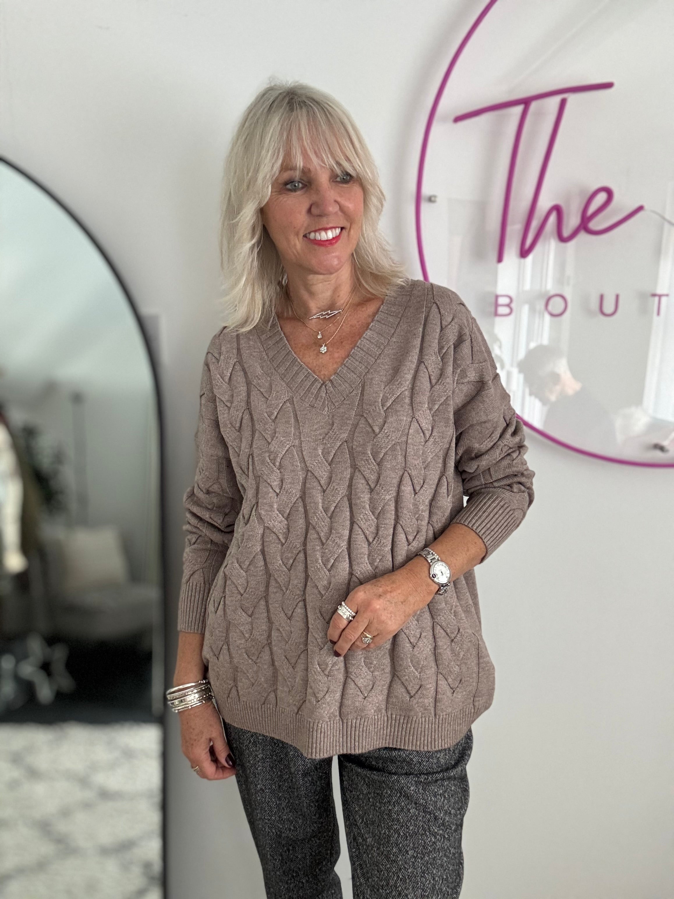 V Neck Cable Jumper in Mocha