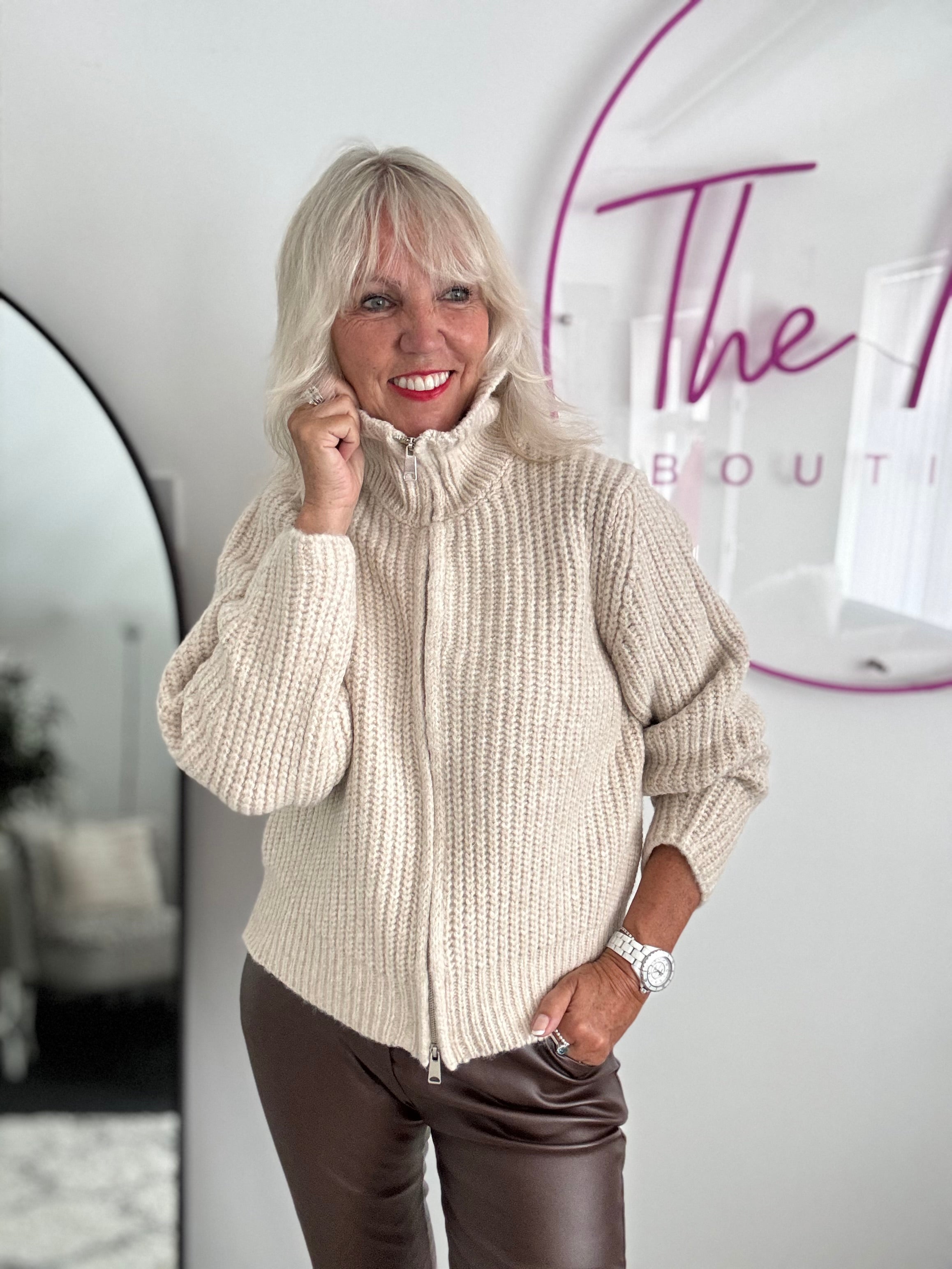 Ribbed Zipped Cardi in Stone