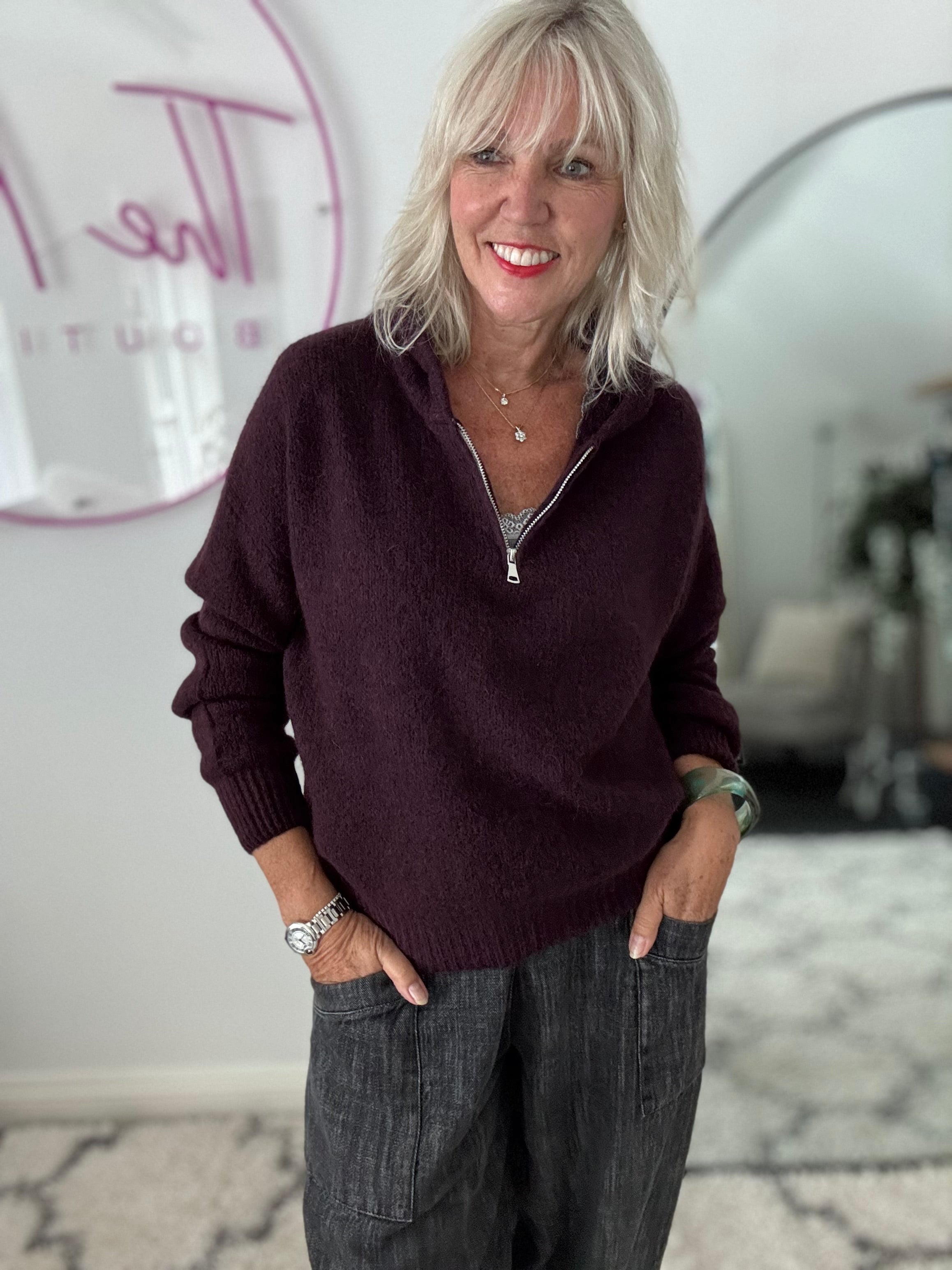 Hooded Mohair Jumper in Deep Plum