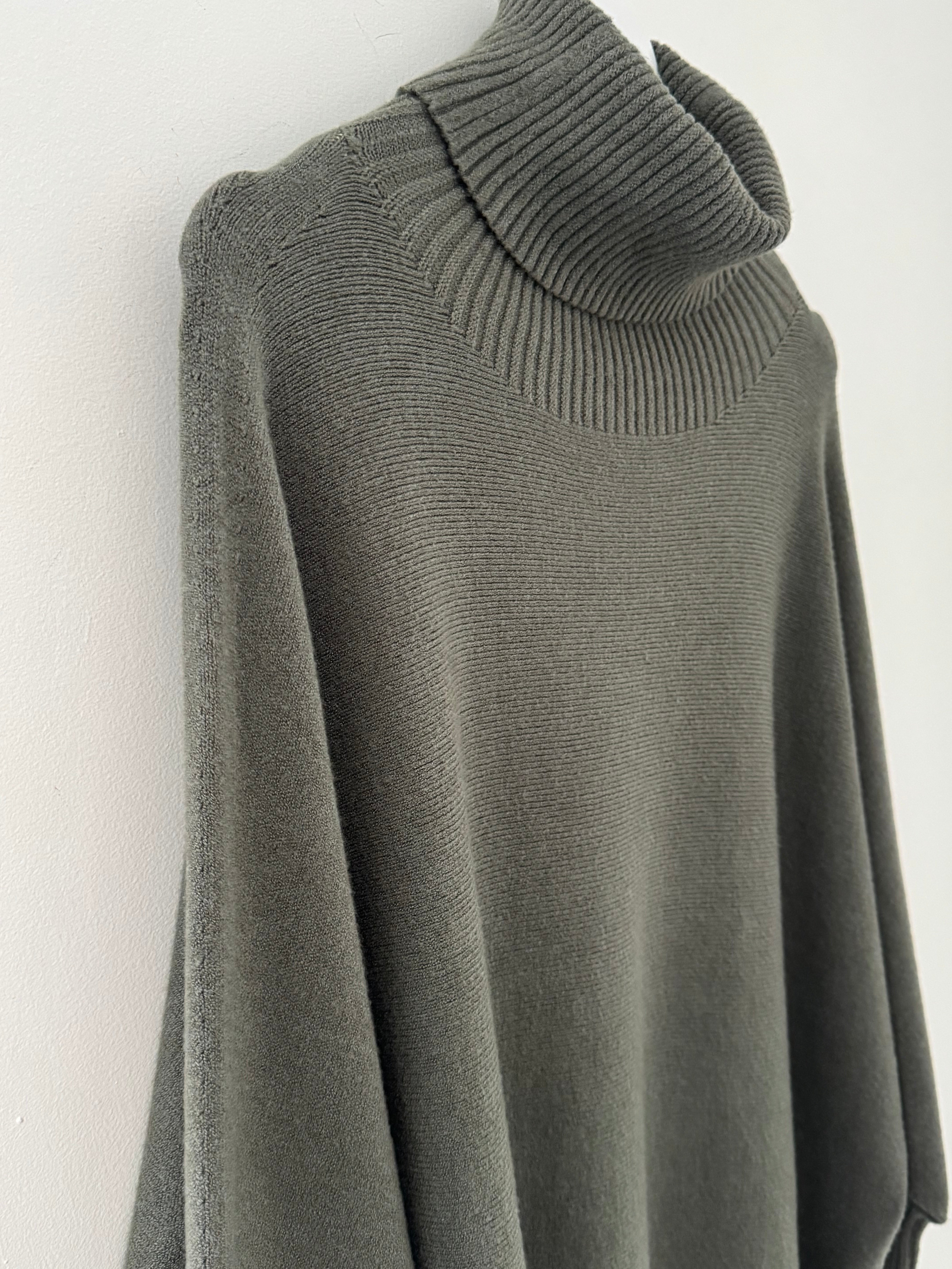 Oversized Roll Neck Poncho Jumper in Khaki