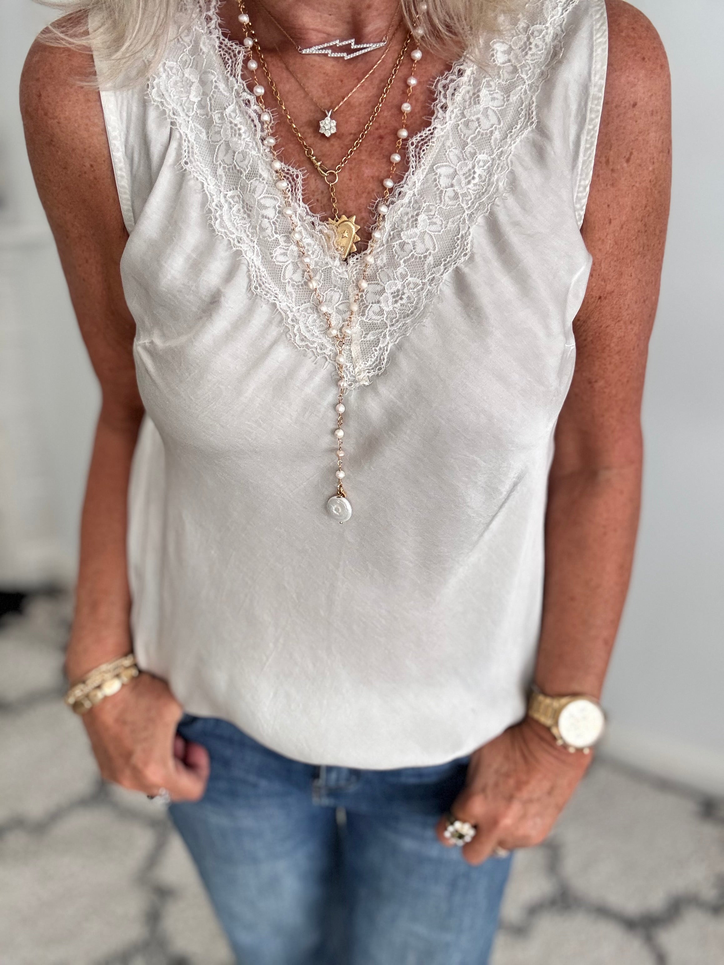 Lace Trim Silk Top in Ecru