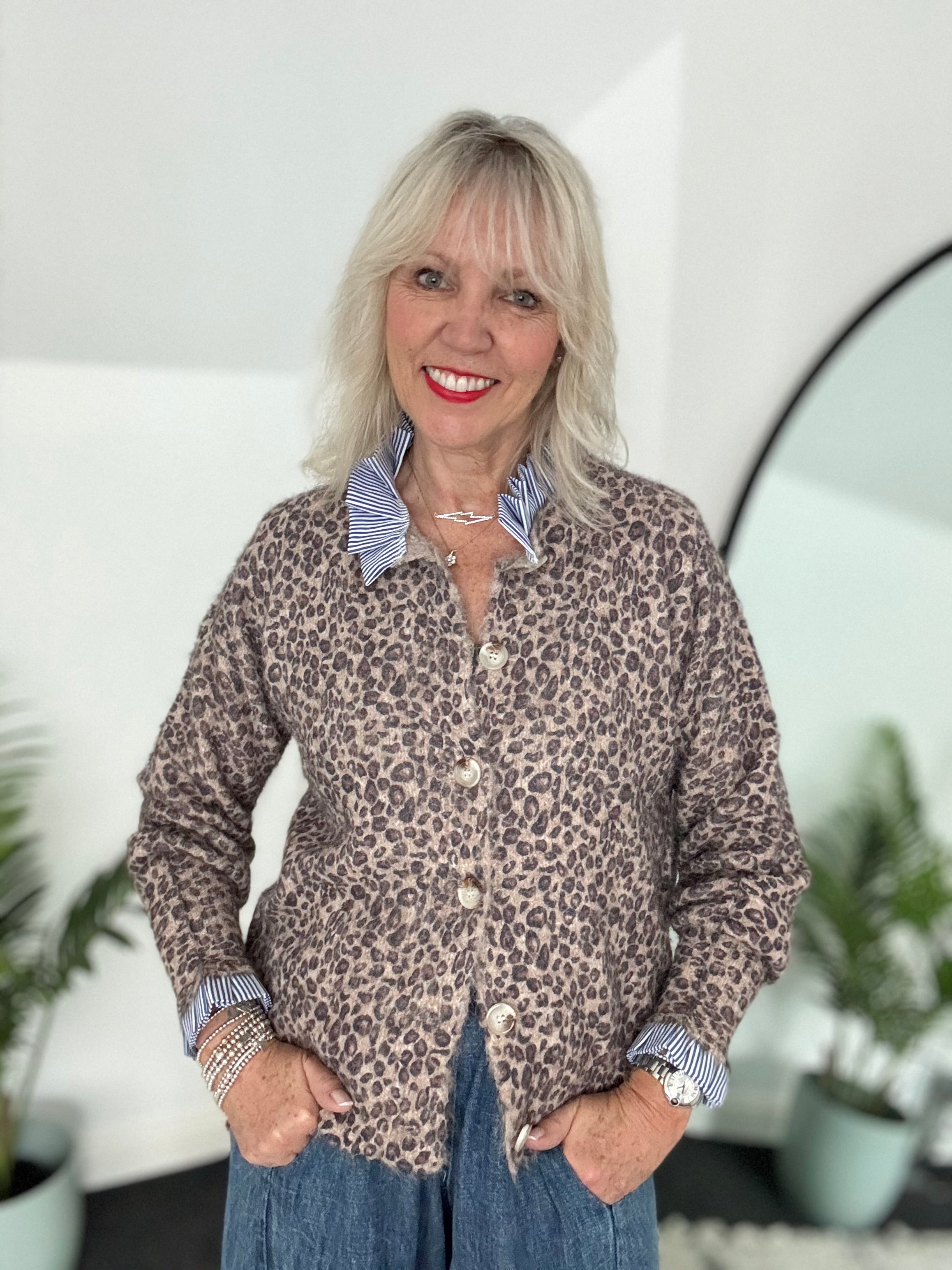 Leopard Cardi with Stripe Collar & Cuffs