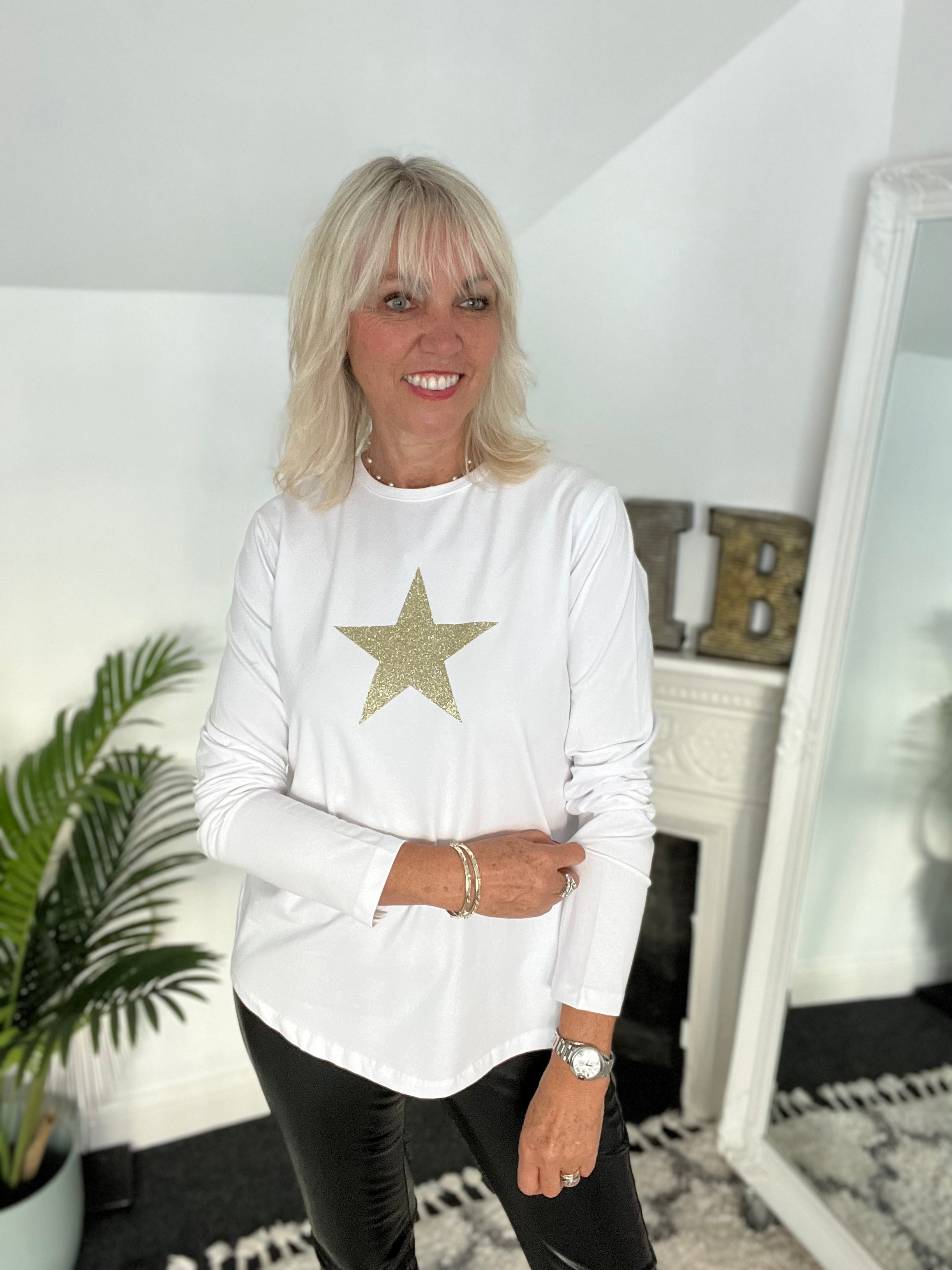 White Long Sleeve Top with Champagne Glitter Star