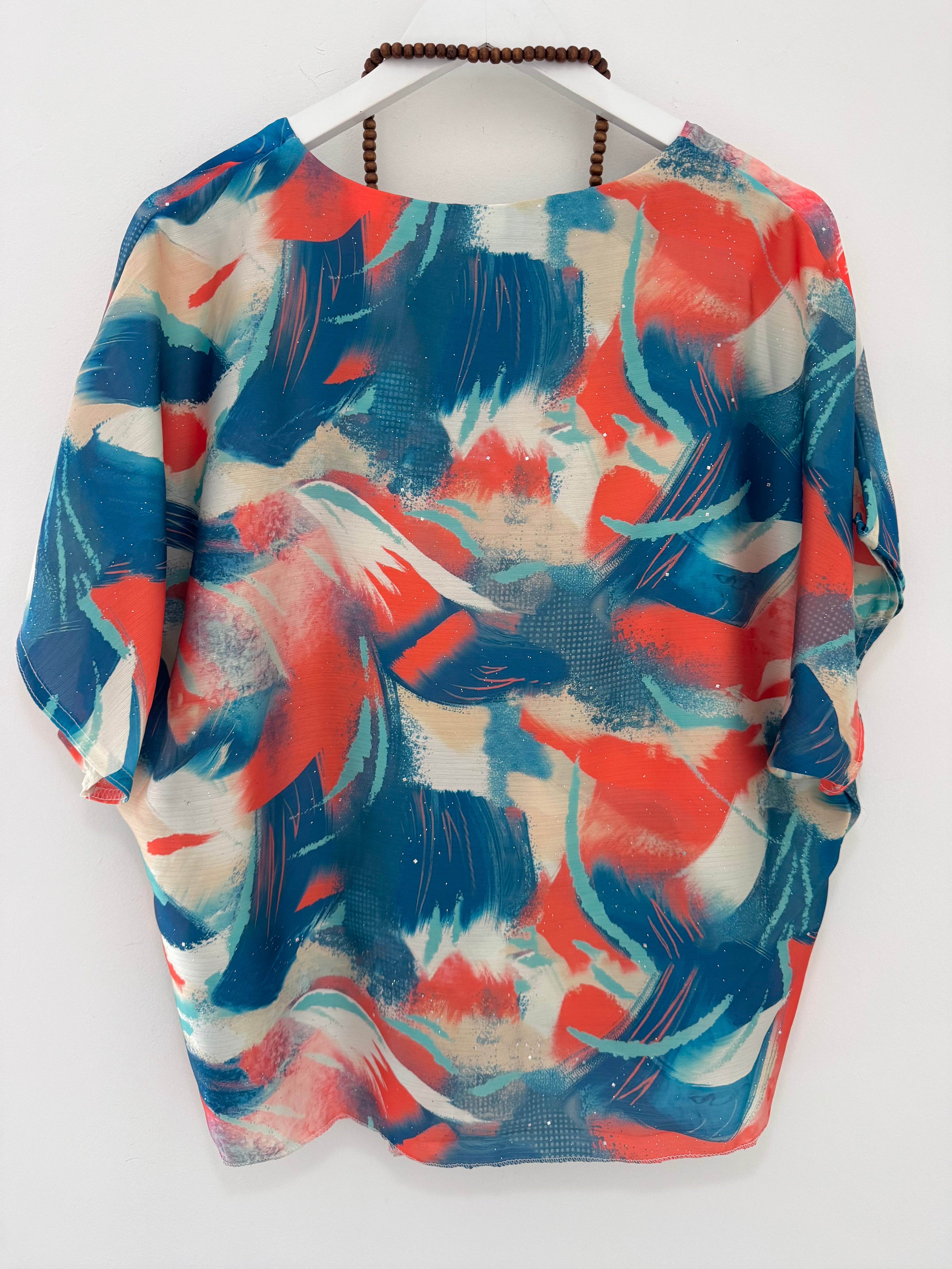 Silky Top with Necklace in Orange & Teal