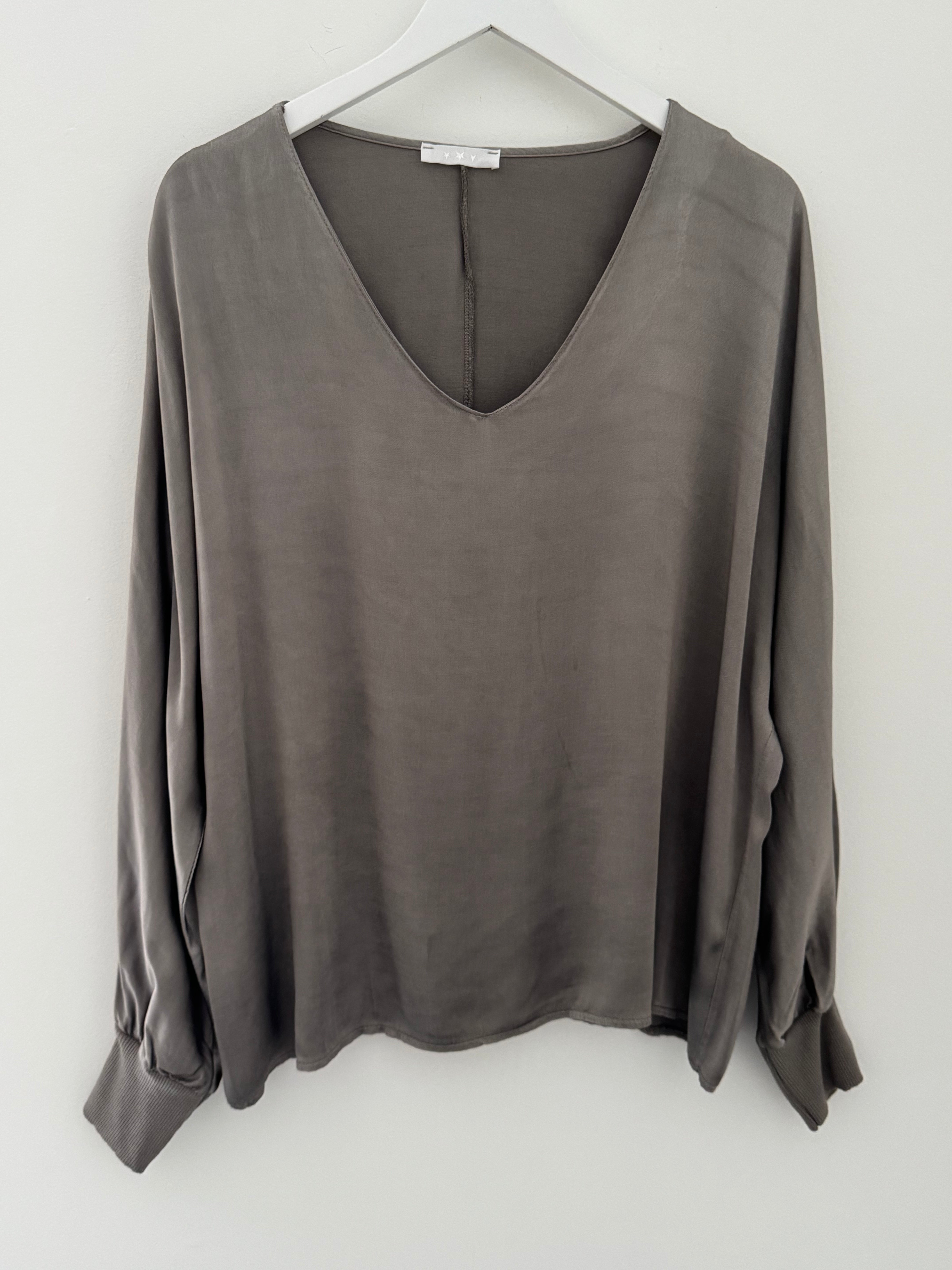 Silky V Neck Blouse in Mocha