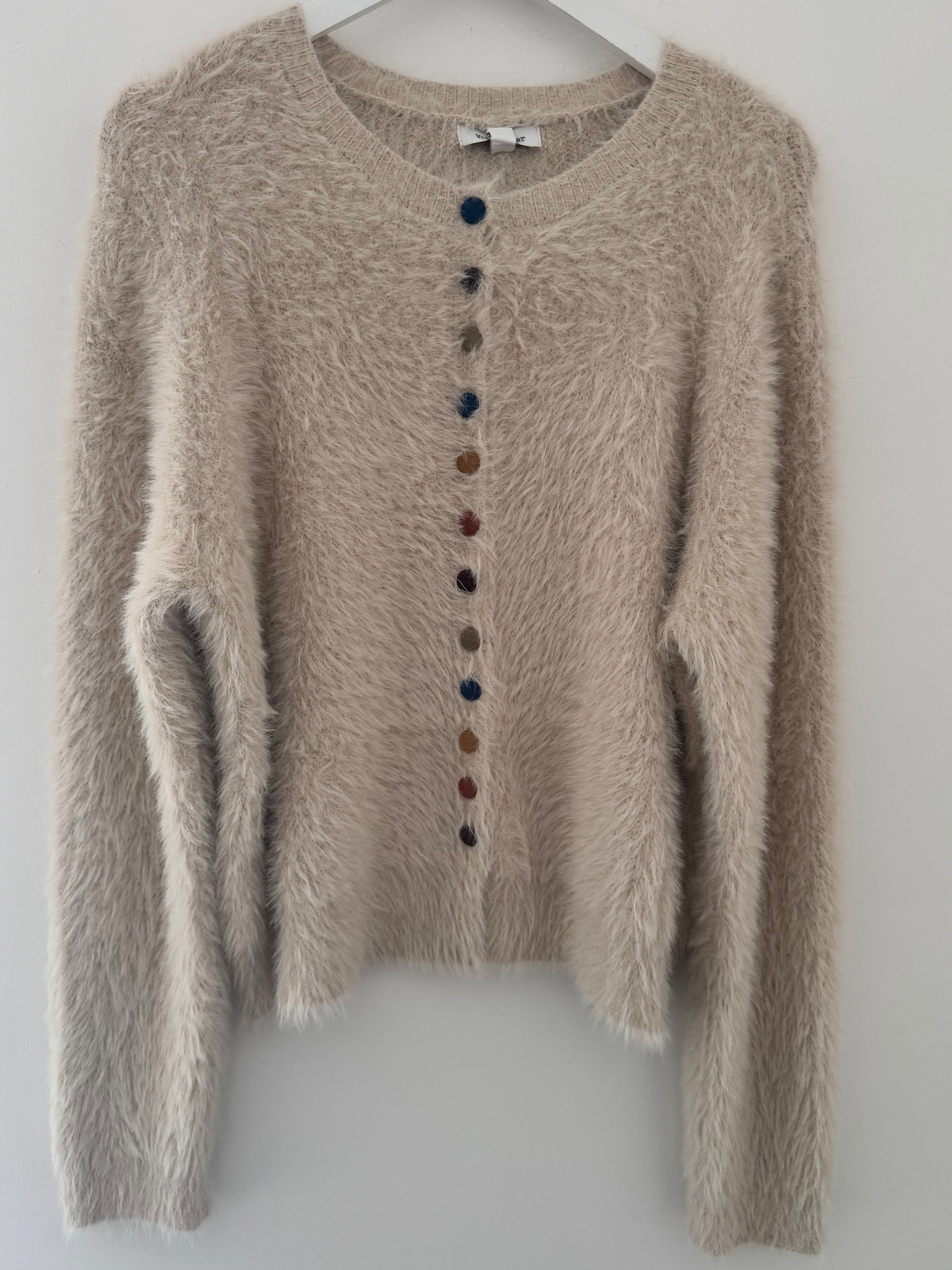 Fluffy Cardi with Multicolour Buttons in Ecru