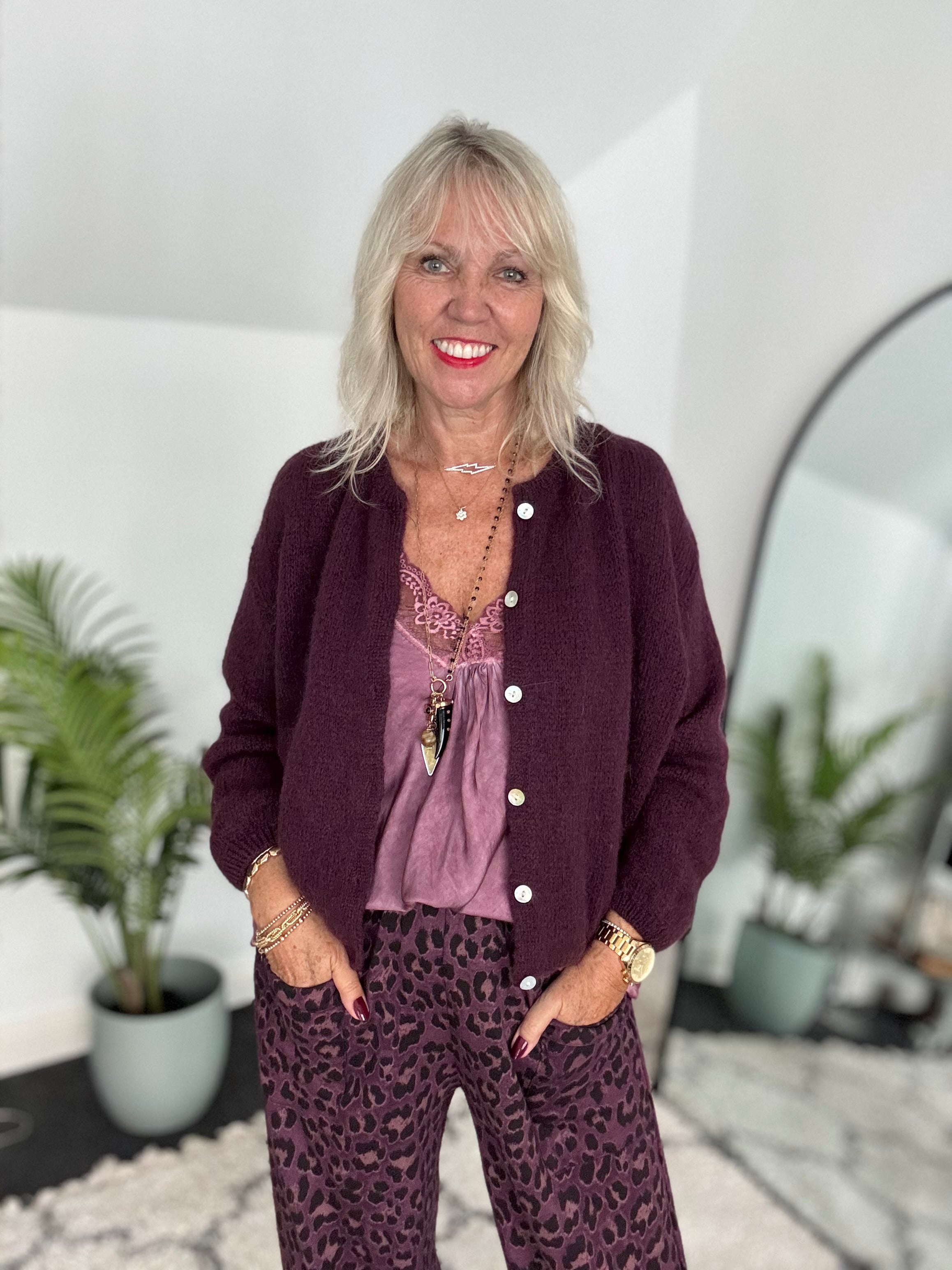Mohair Buttoned Cardi in Plum
