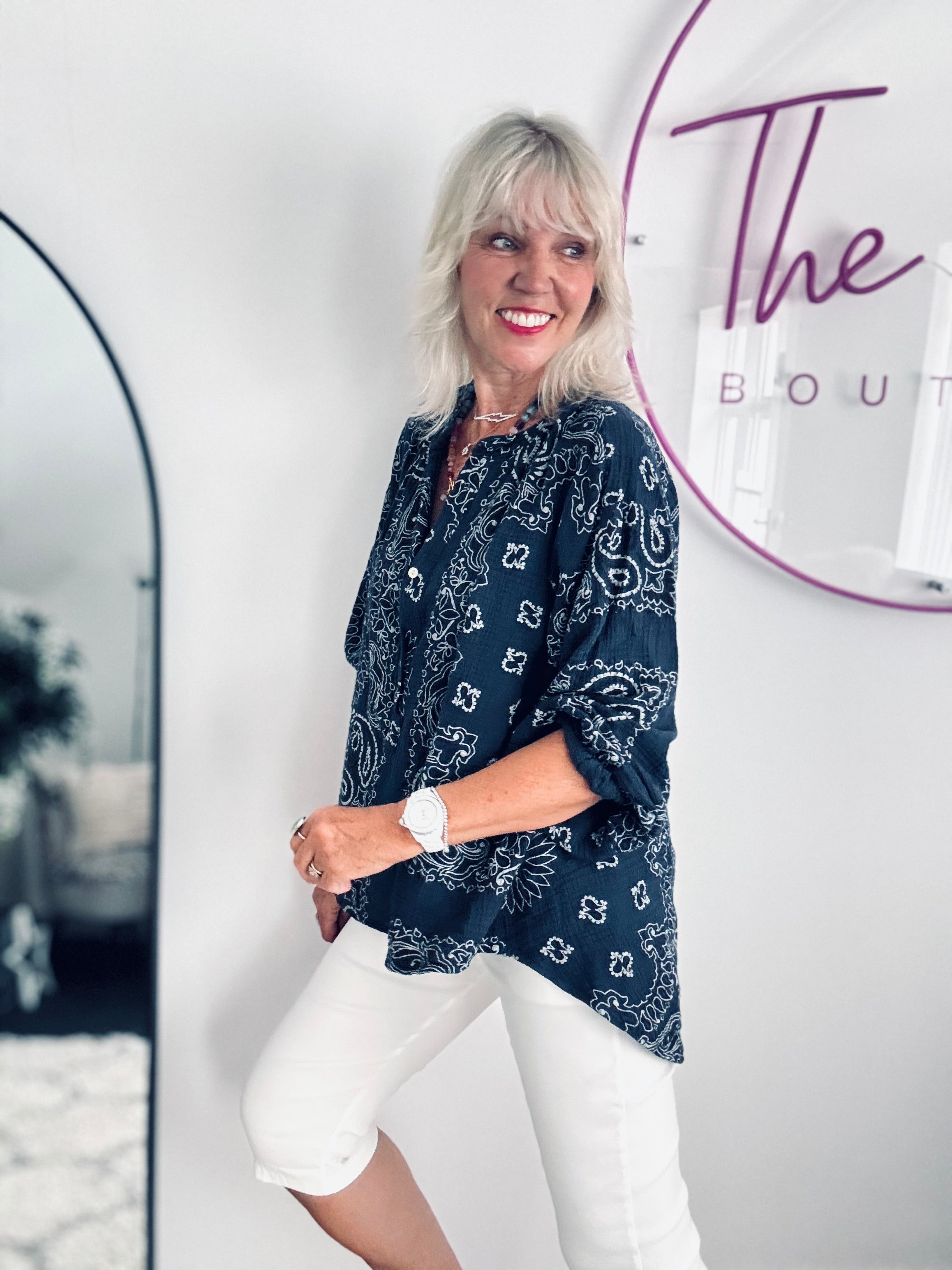 Oversized Paisley Cheesecloth Shirt in Navy