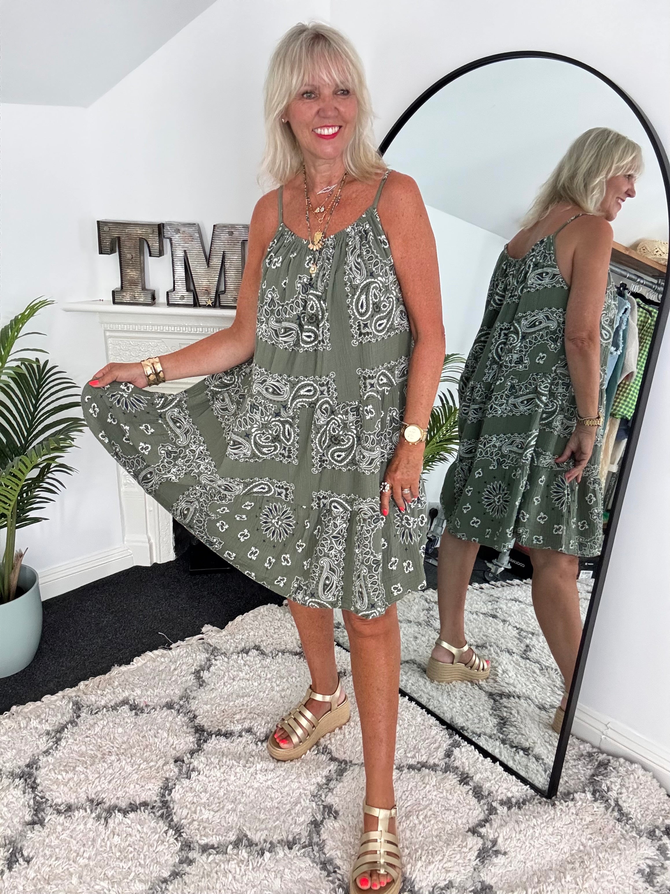 Paisley Cheesecloth Dress in Khaki