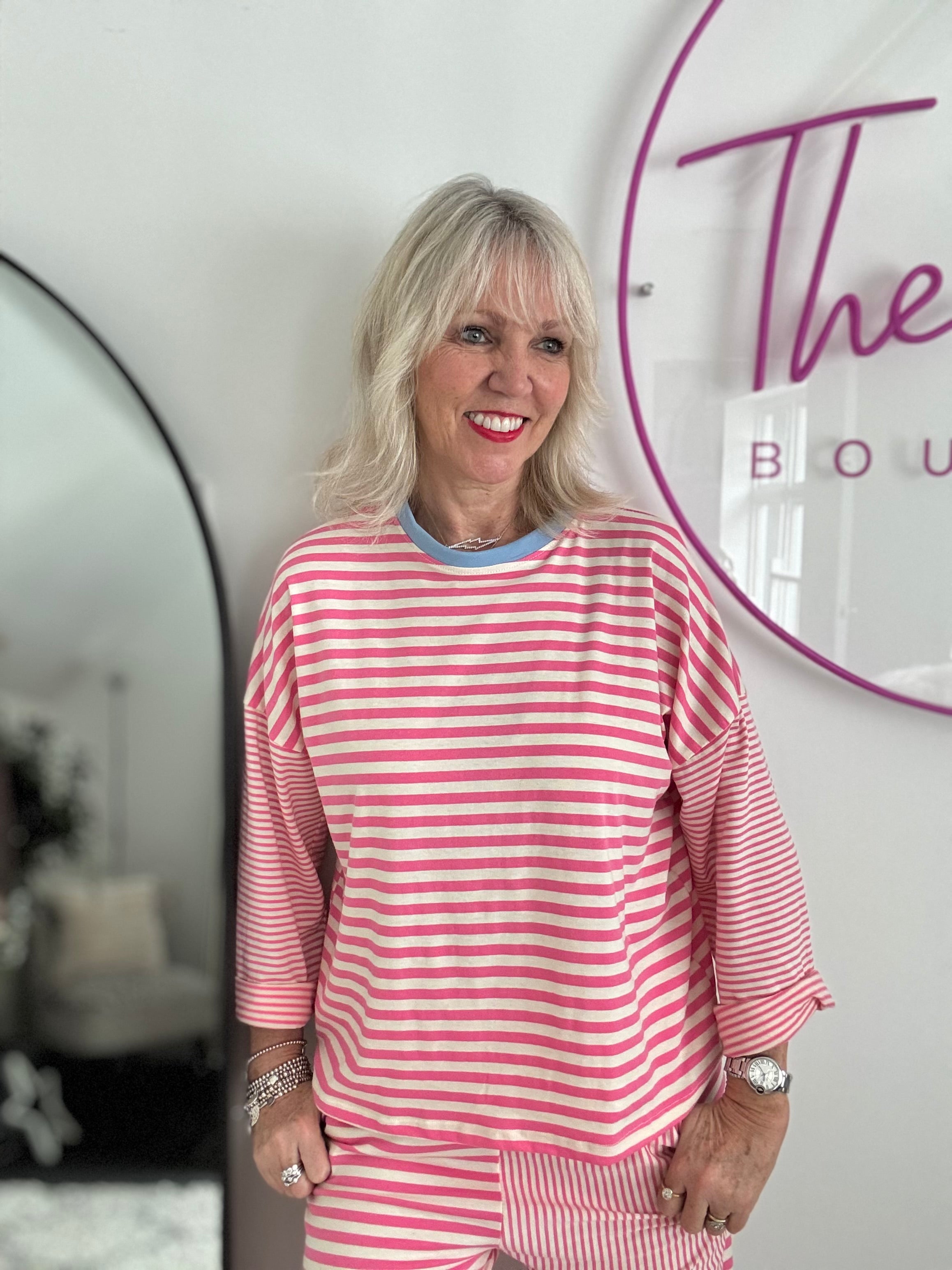 Long Sleeve Stripe Top in Pink & White