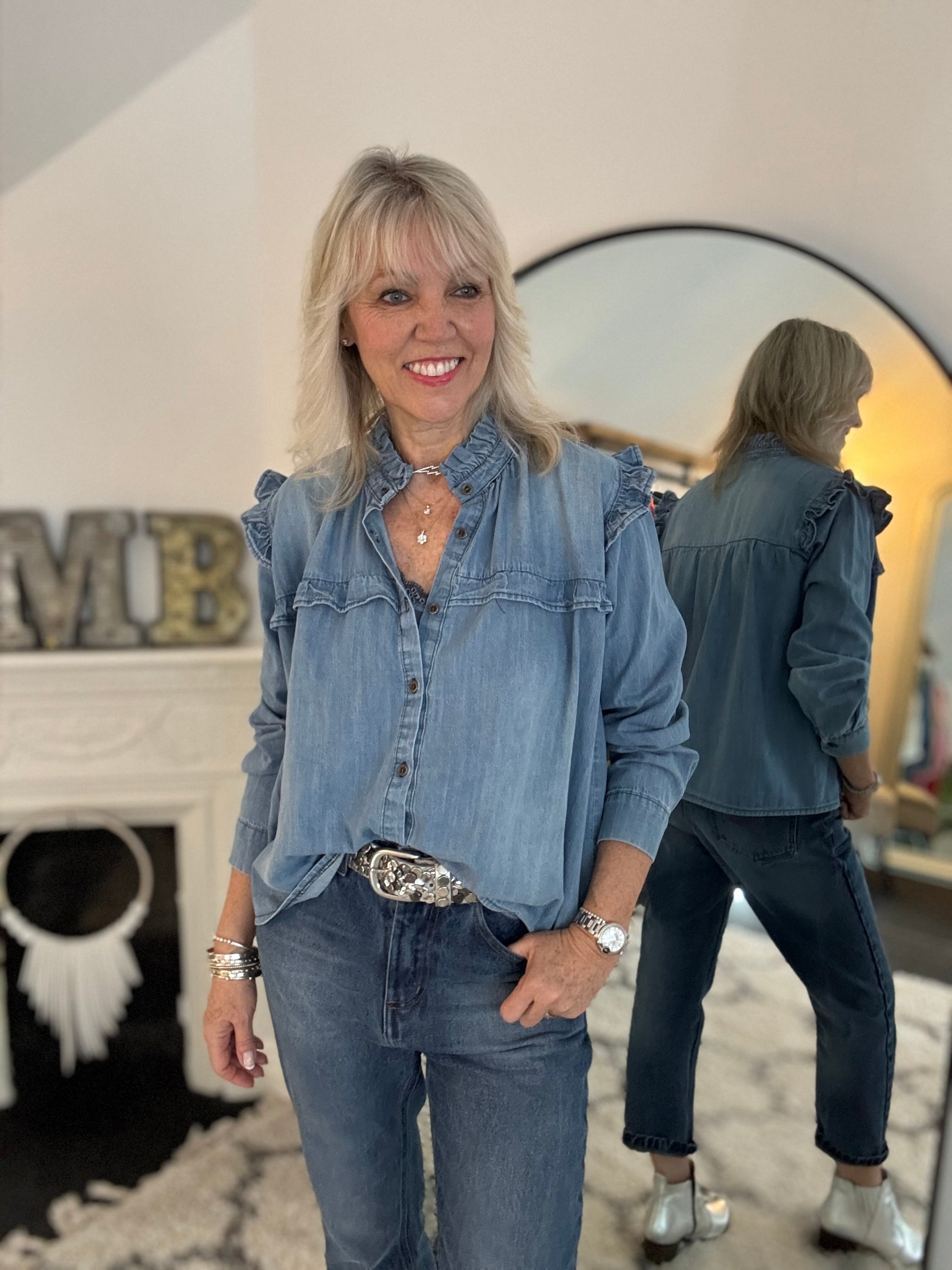 Luxe Ruffle Blouse in Mid Denim