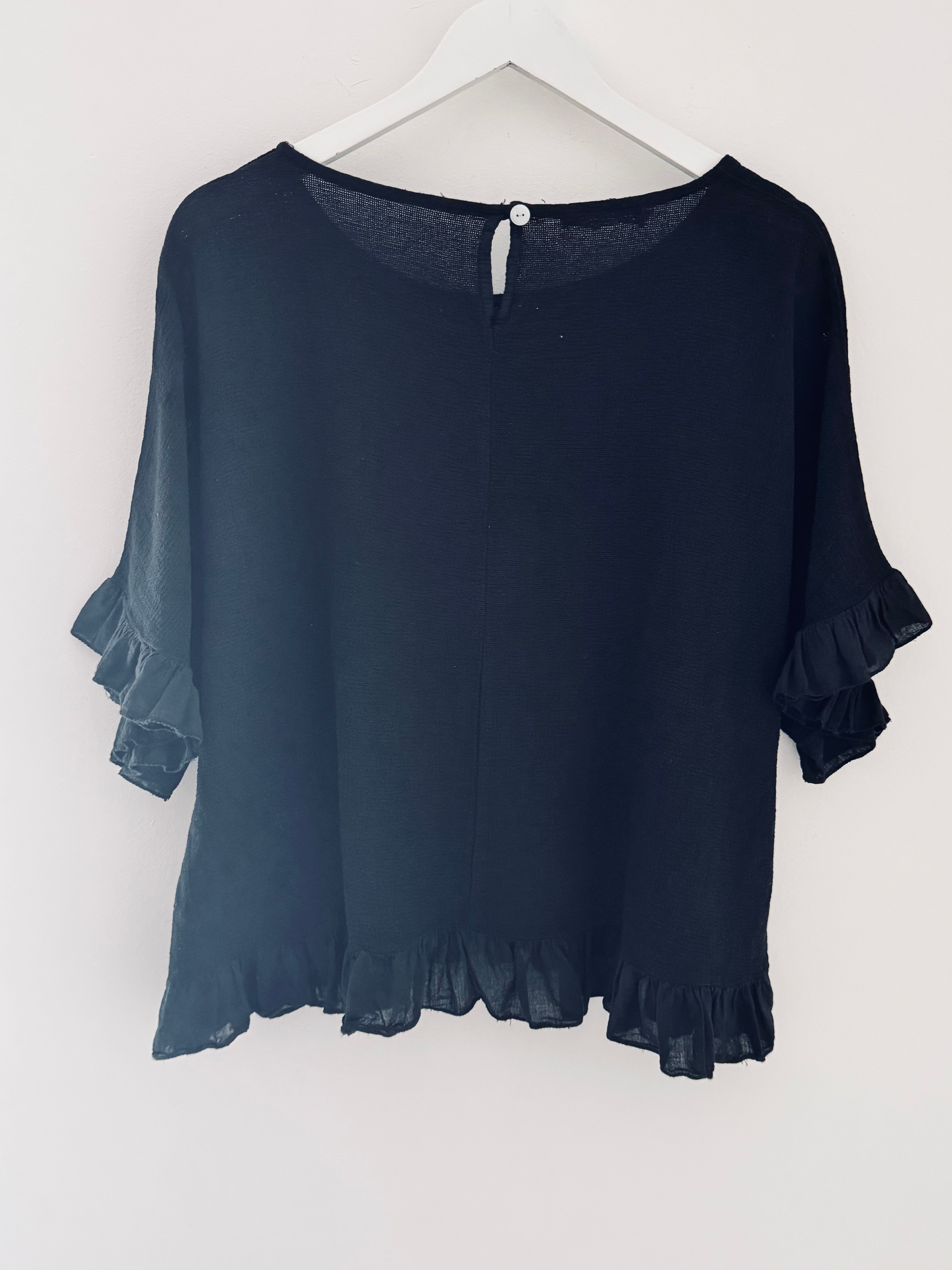 Linen & Cotton Ruffle Edge Top in Black