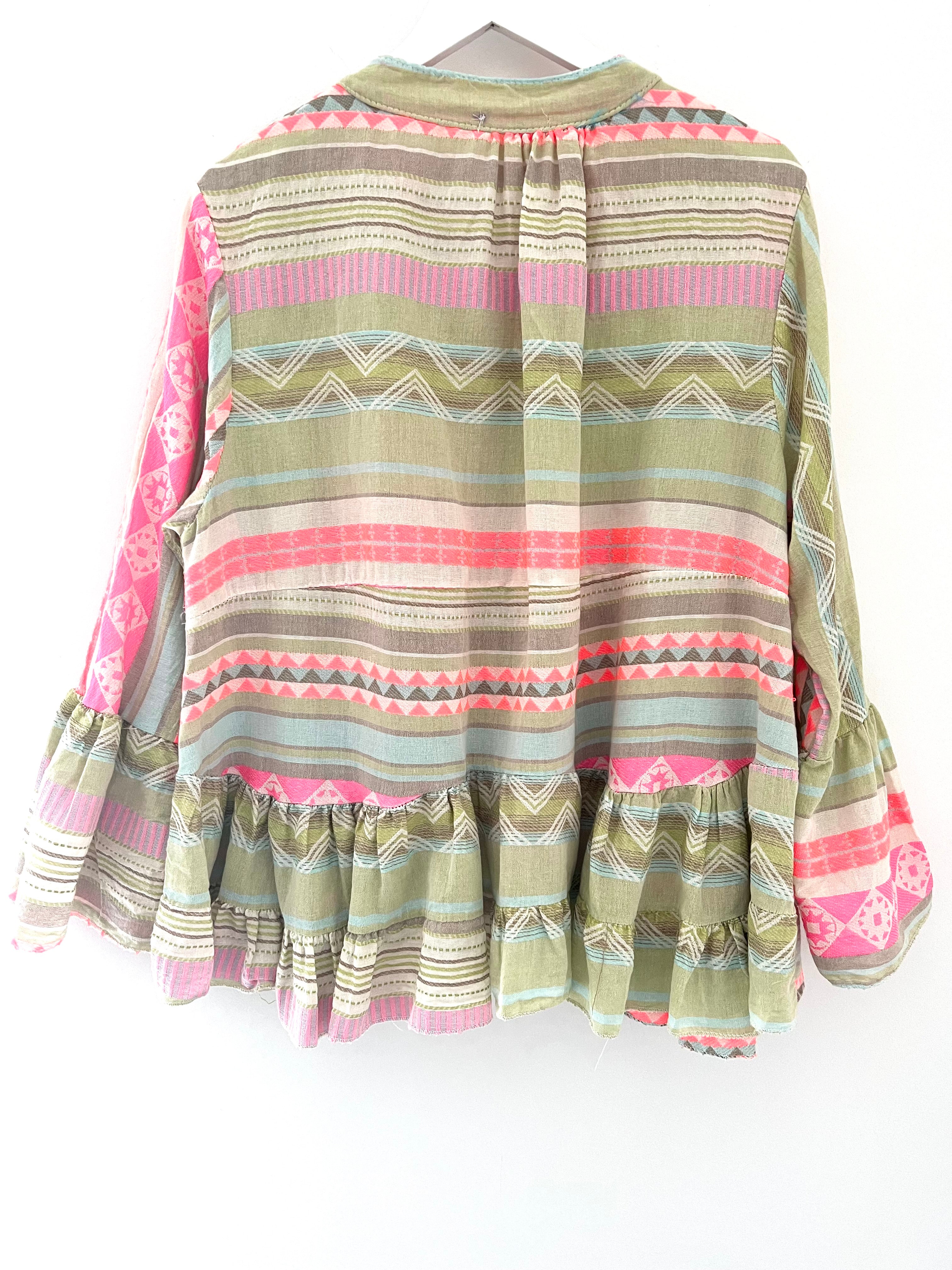 Embroidered Blouse in Khaki & Neon Pink
