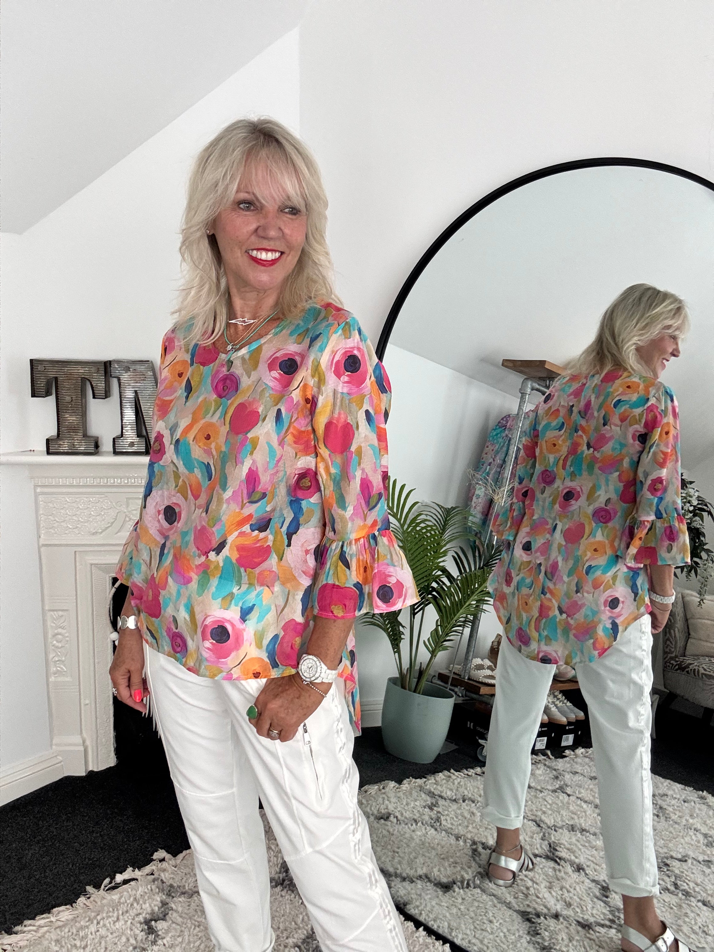 Silky Floral Top with Ruffle Sleeves
