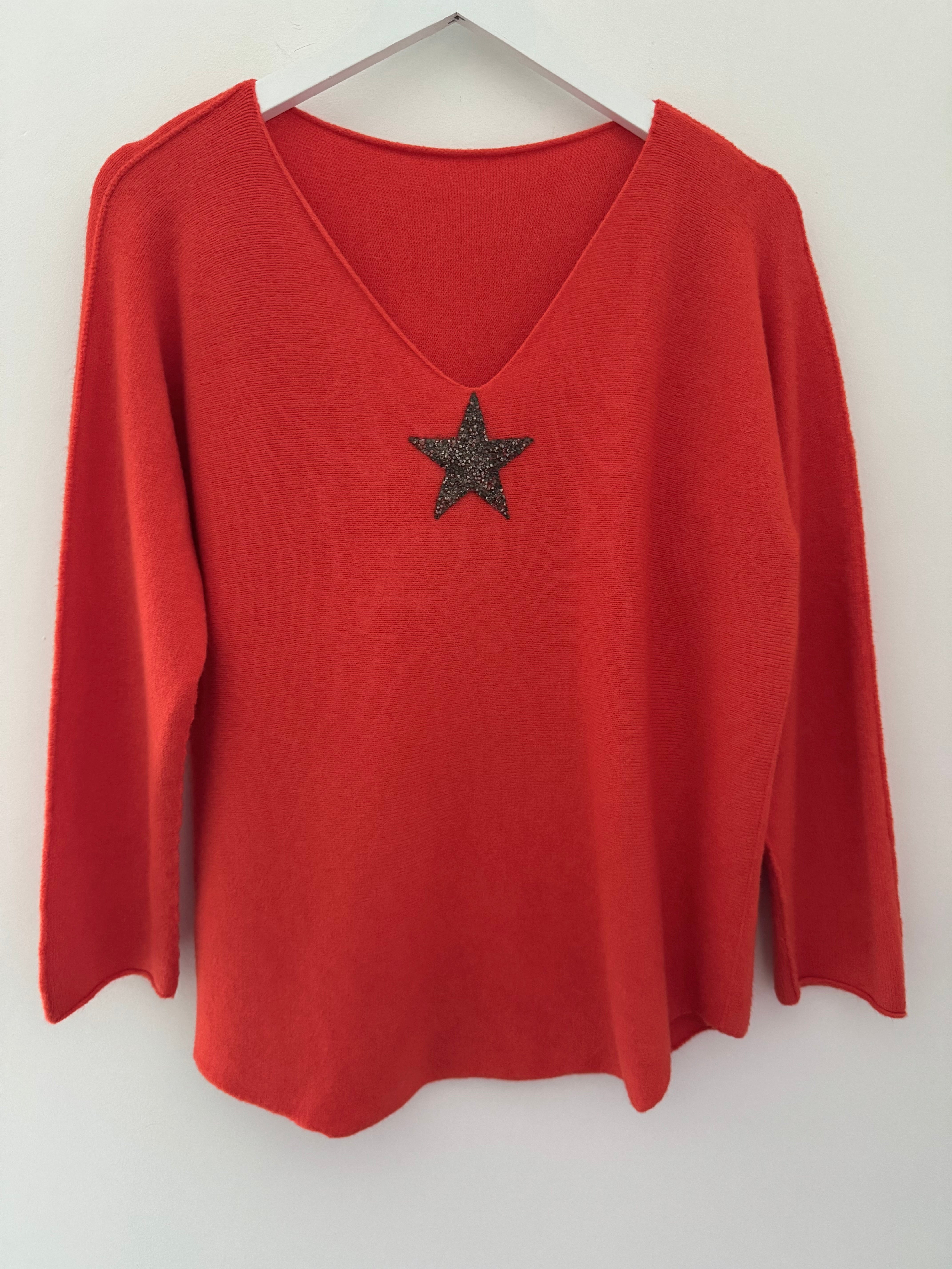 V Neck Glitter Star Jumper in Orange