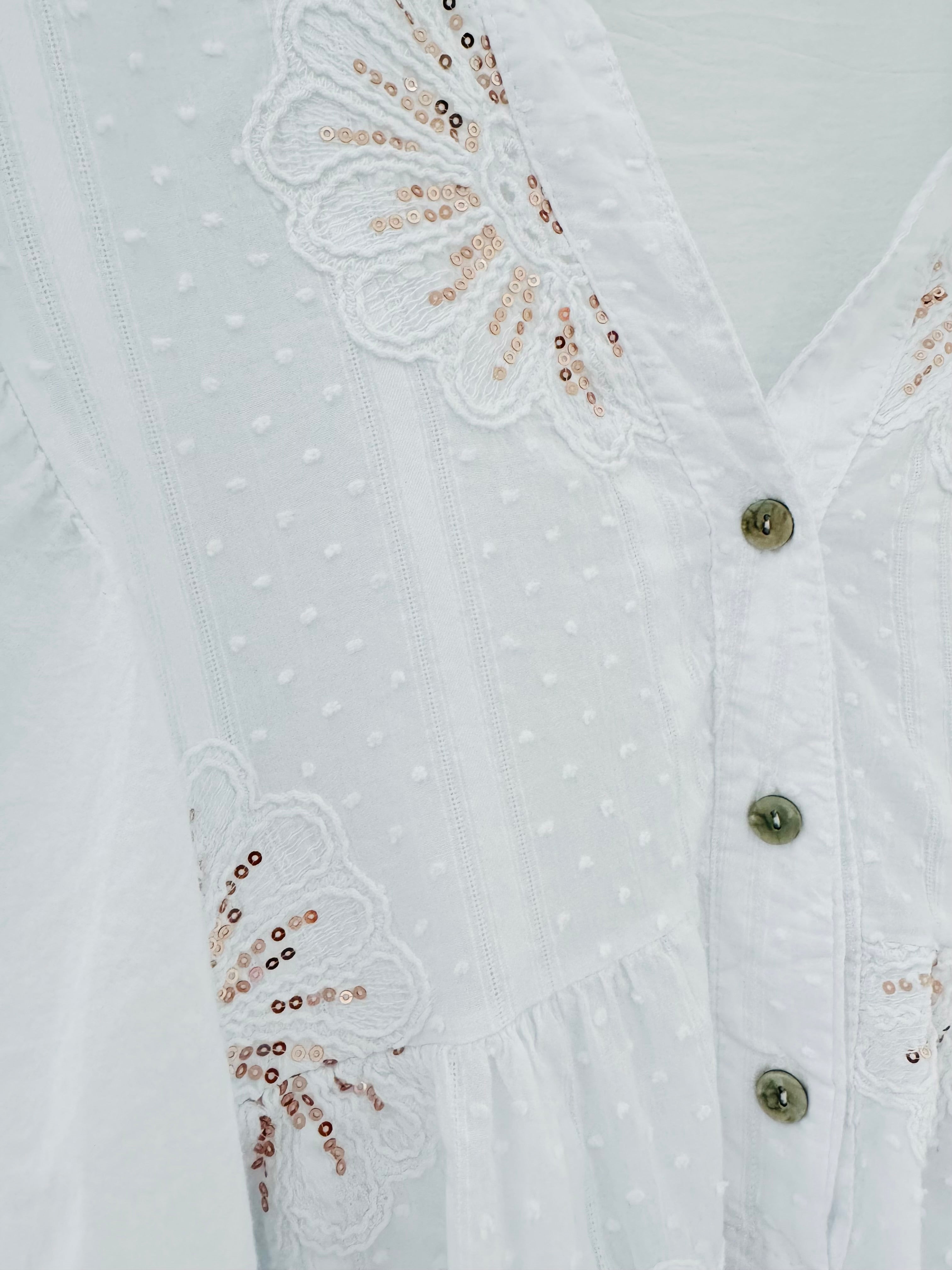 White Cotton Blouse with Sequin Flowers