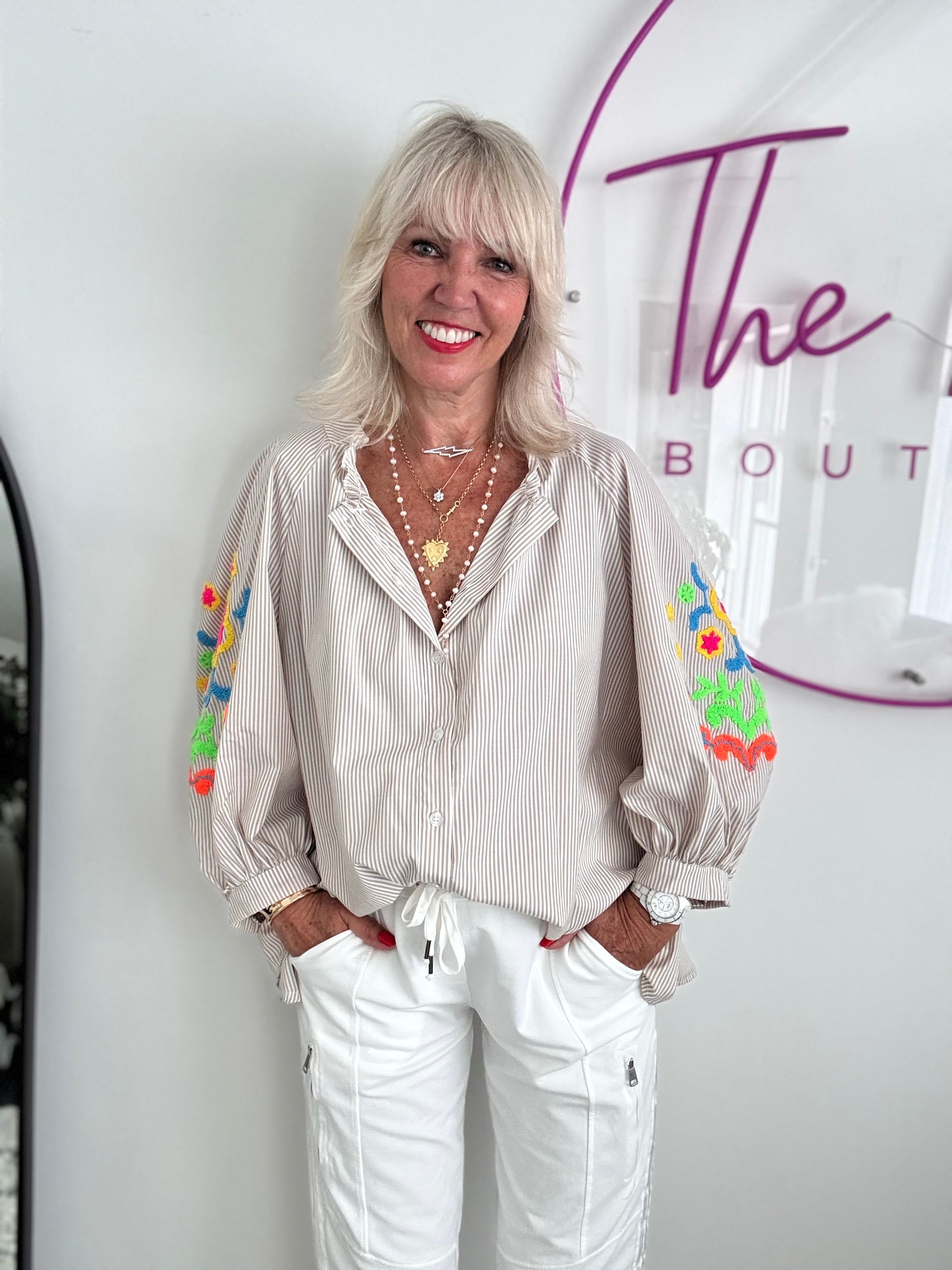 Designer Stripe Shirt with Neon Embroidered Sleeves in Stone