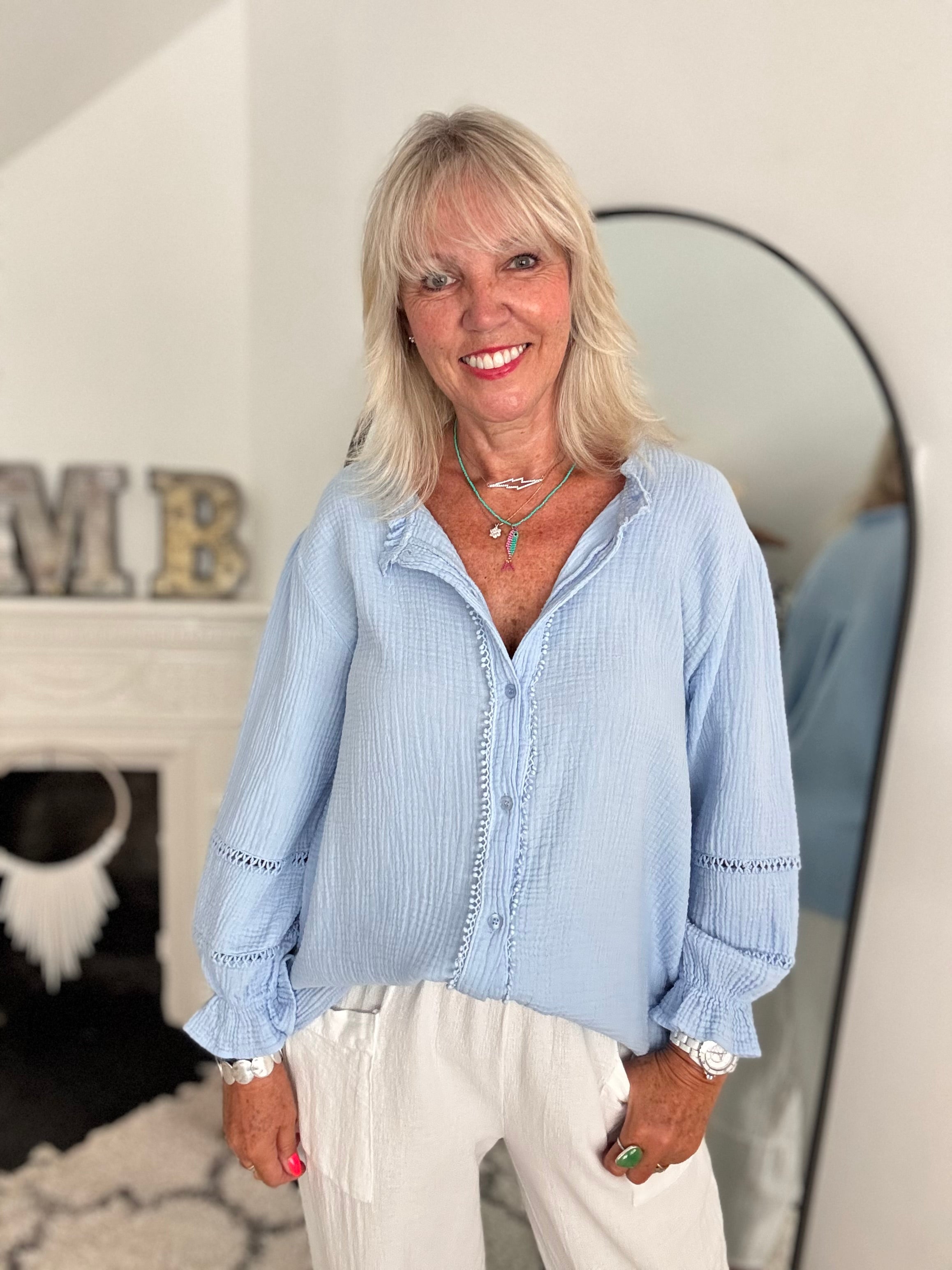 Detailed Cheesecloth Shirt in Light Blue