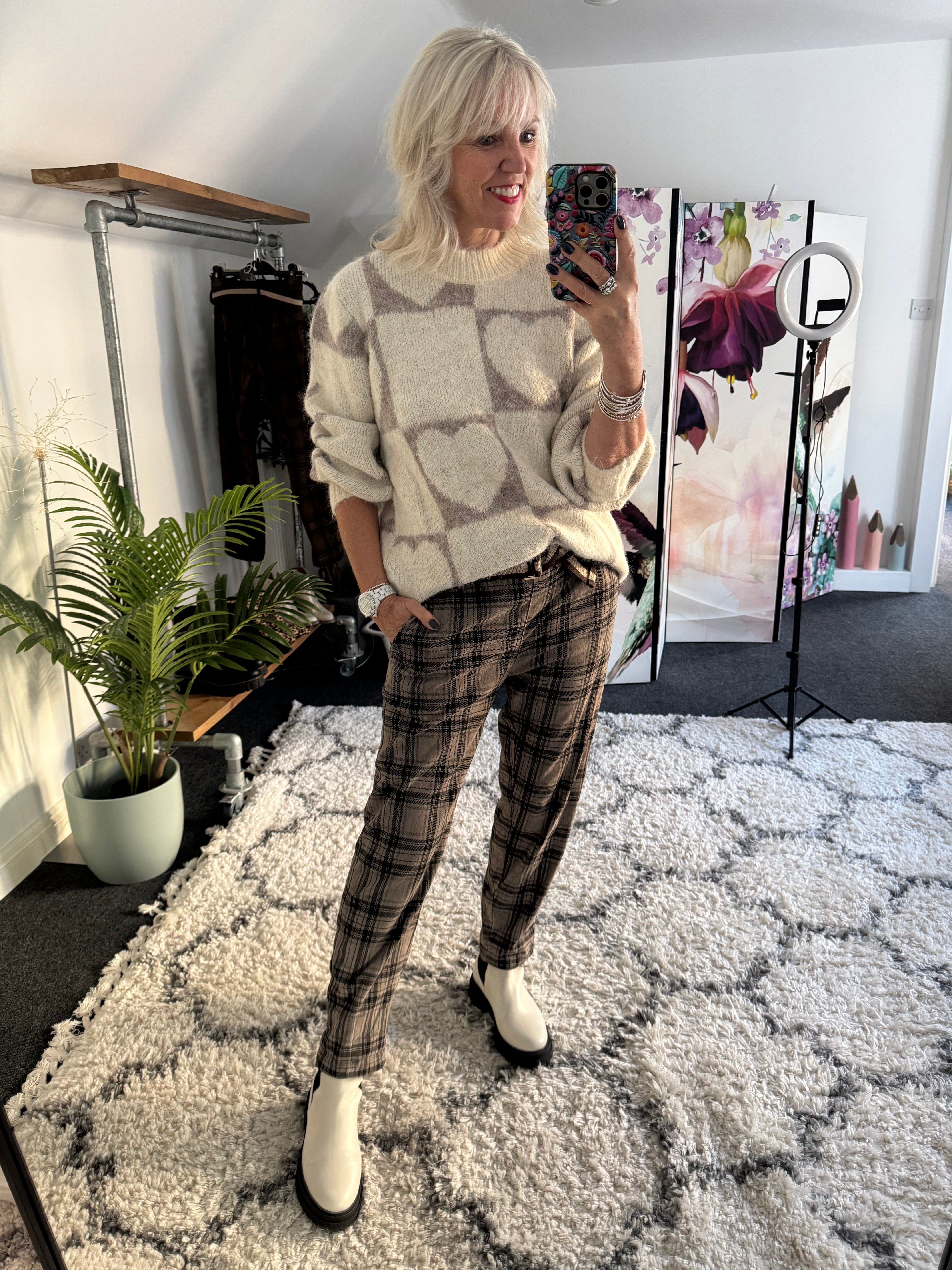 Heart & Squares Sweater in Ecru & Mocha