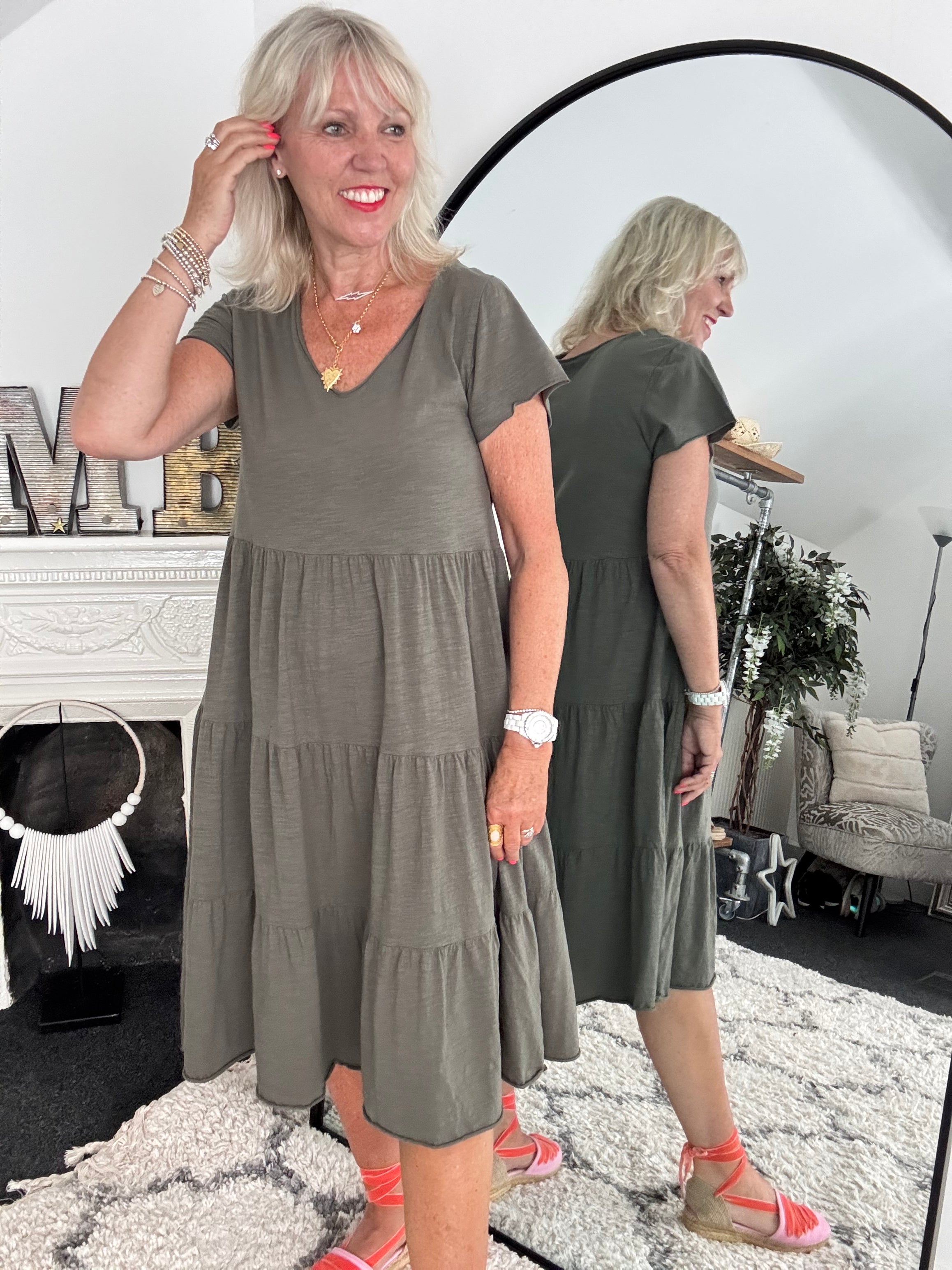 Tiered Cotton Stretch Dress in Khaki