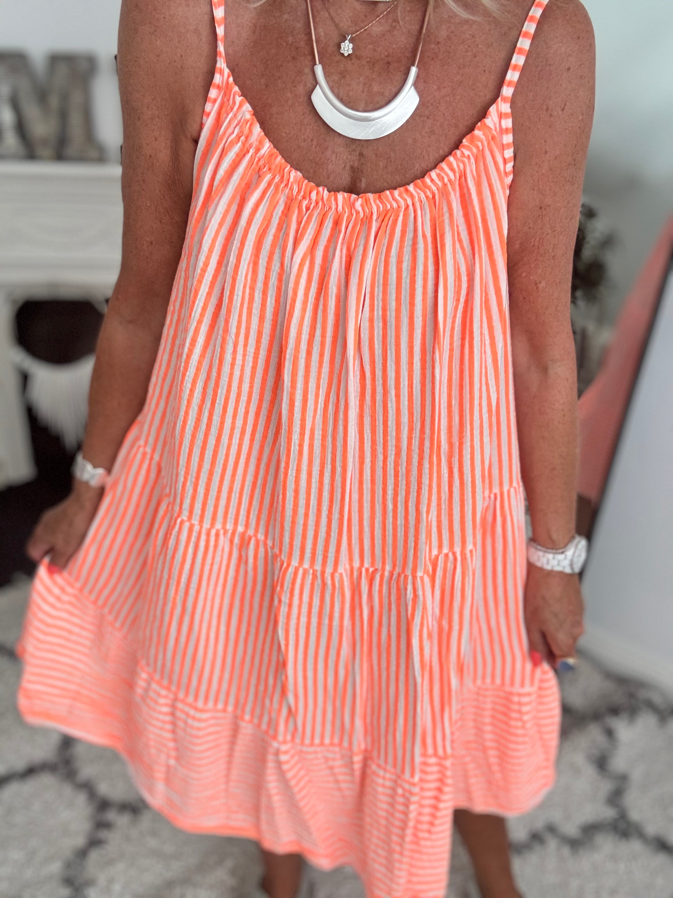 Stripe Cheesecloth Dress in Neon Orange & White