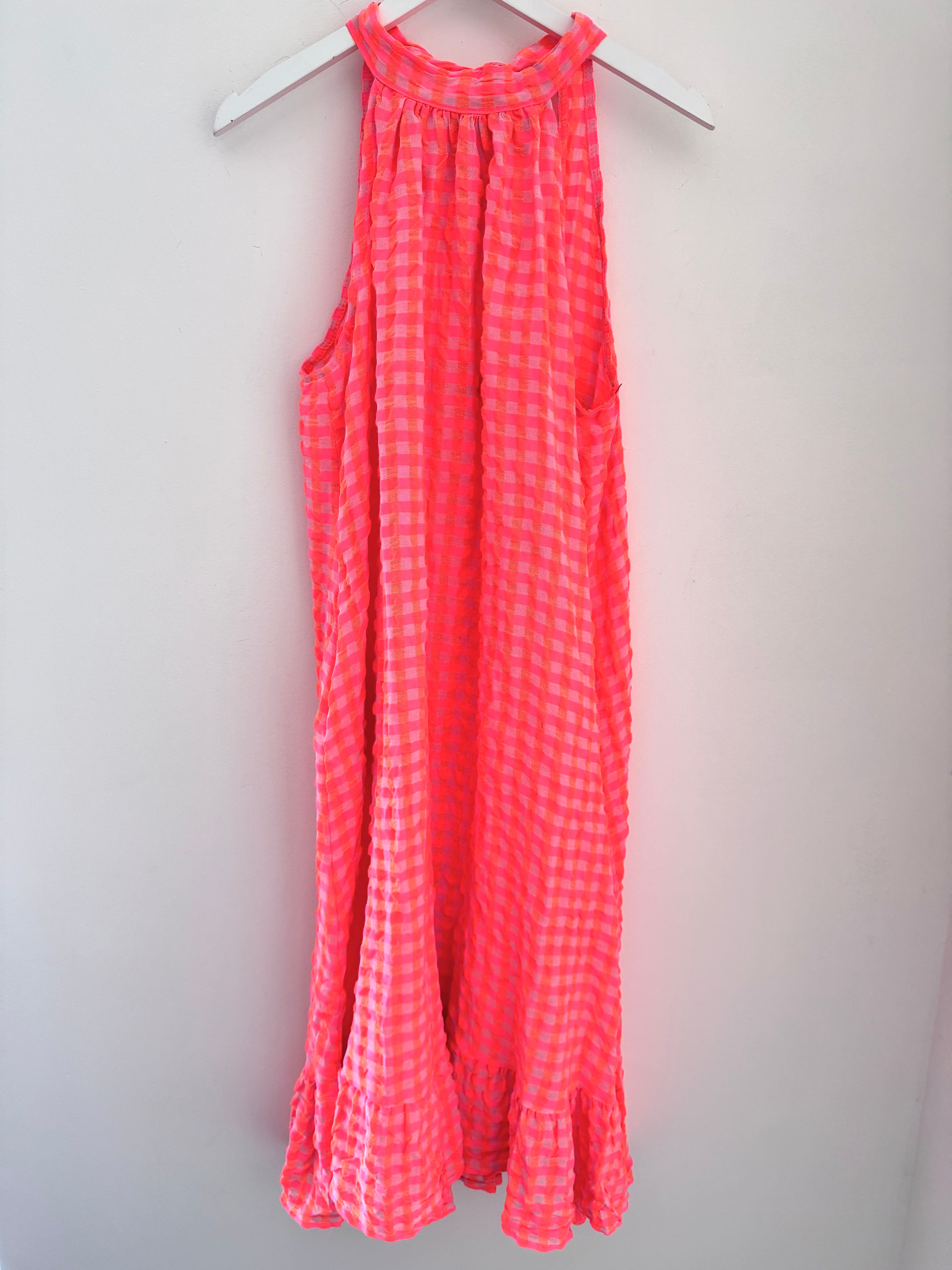 Halterneck Check Dress in Neon Pink & Orange
