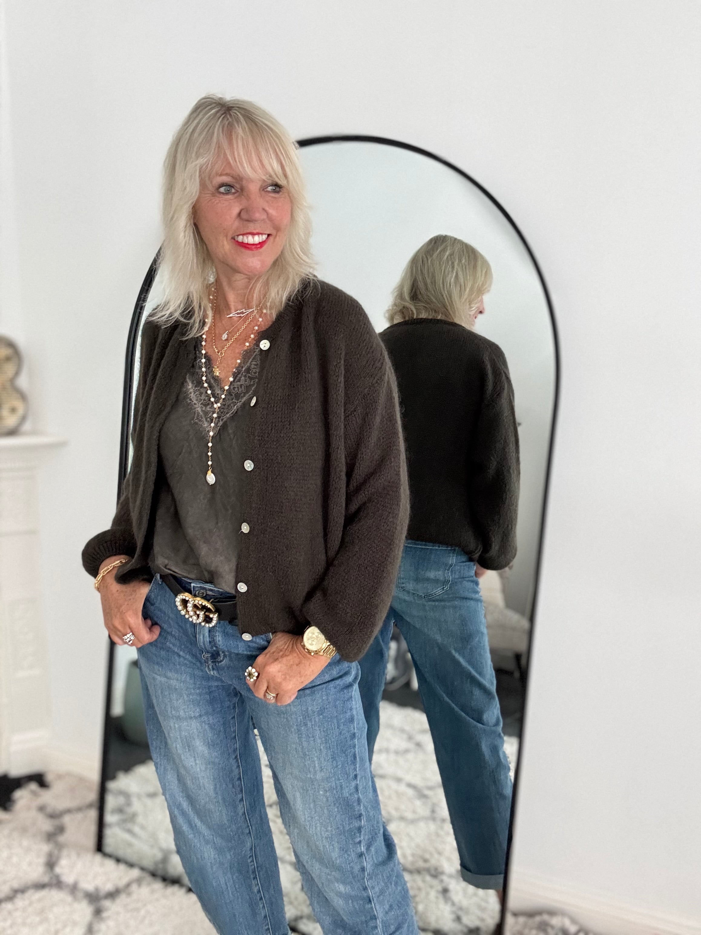 Mohair Buttoned Cardi in Deep Cocoa