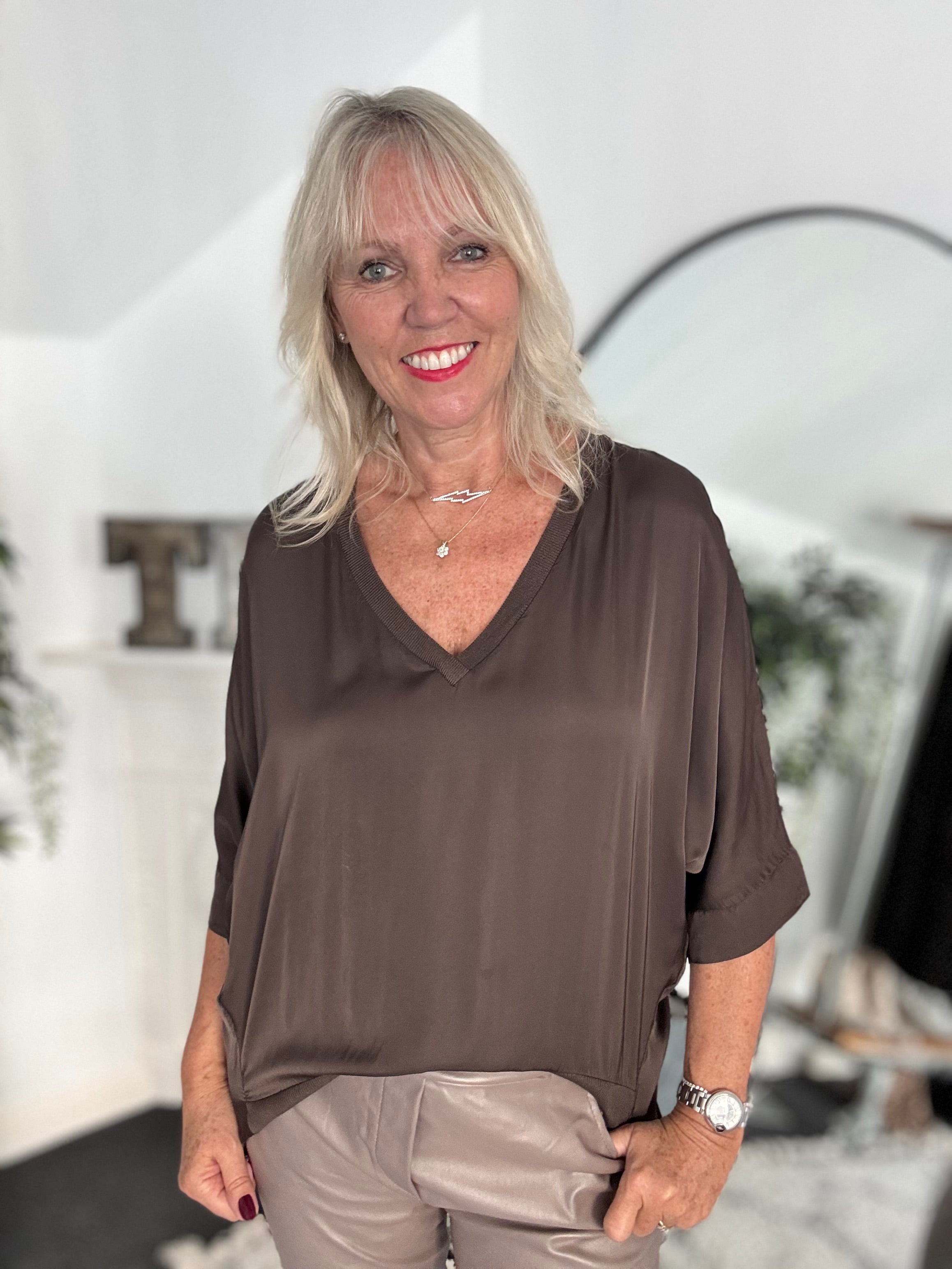 Silky V Neck Top in Chocolate