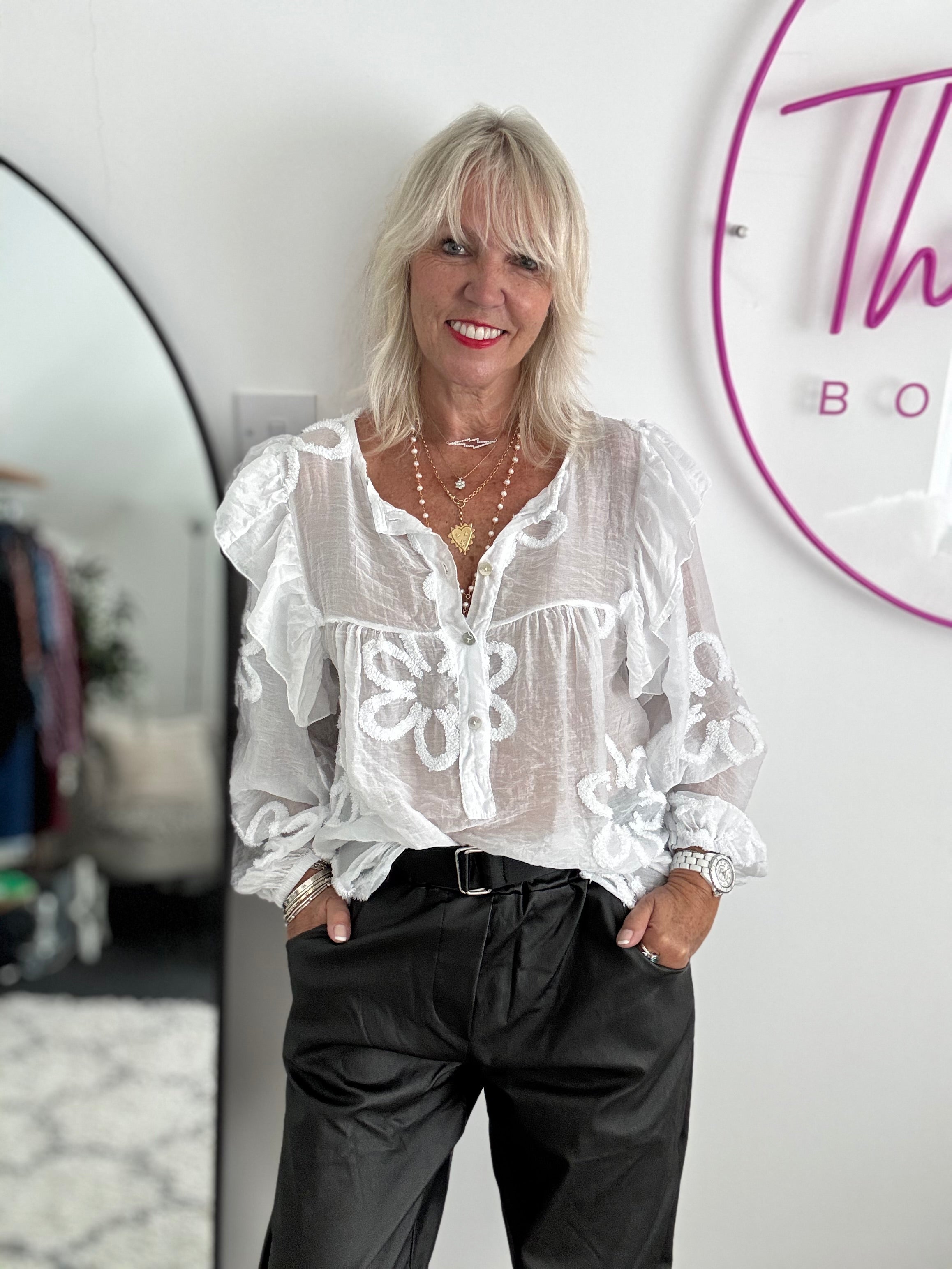 Textured Floral Design Shirt in White