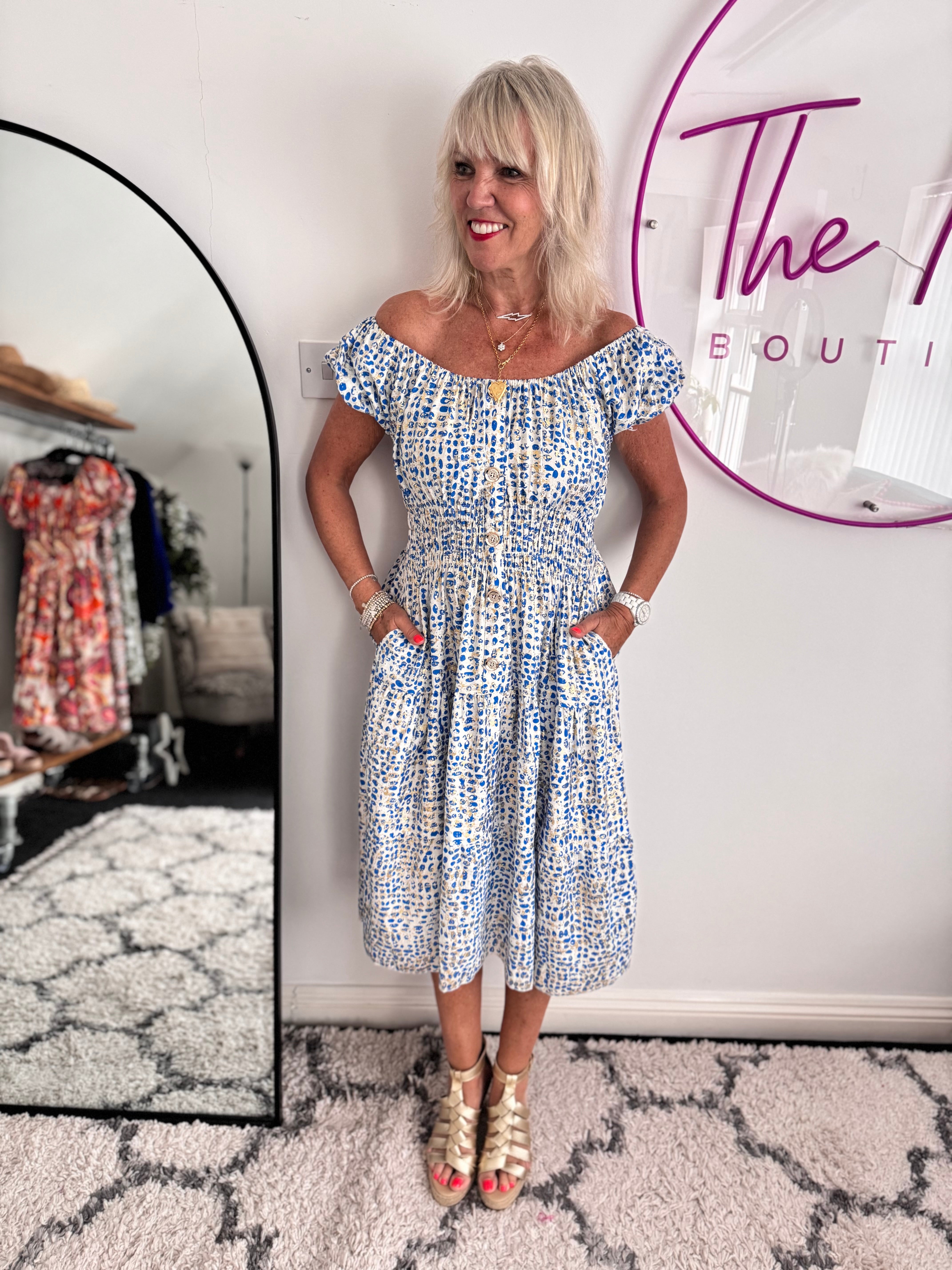 Bardot Dress in Blue & White
