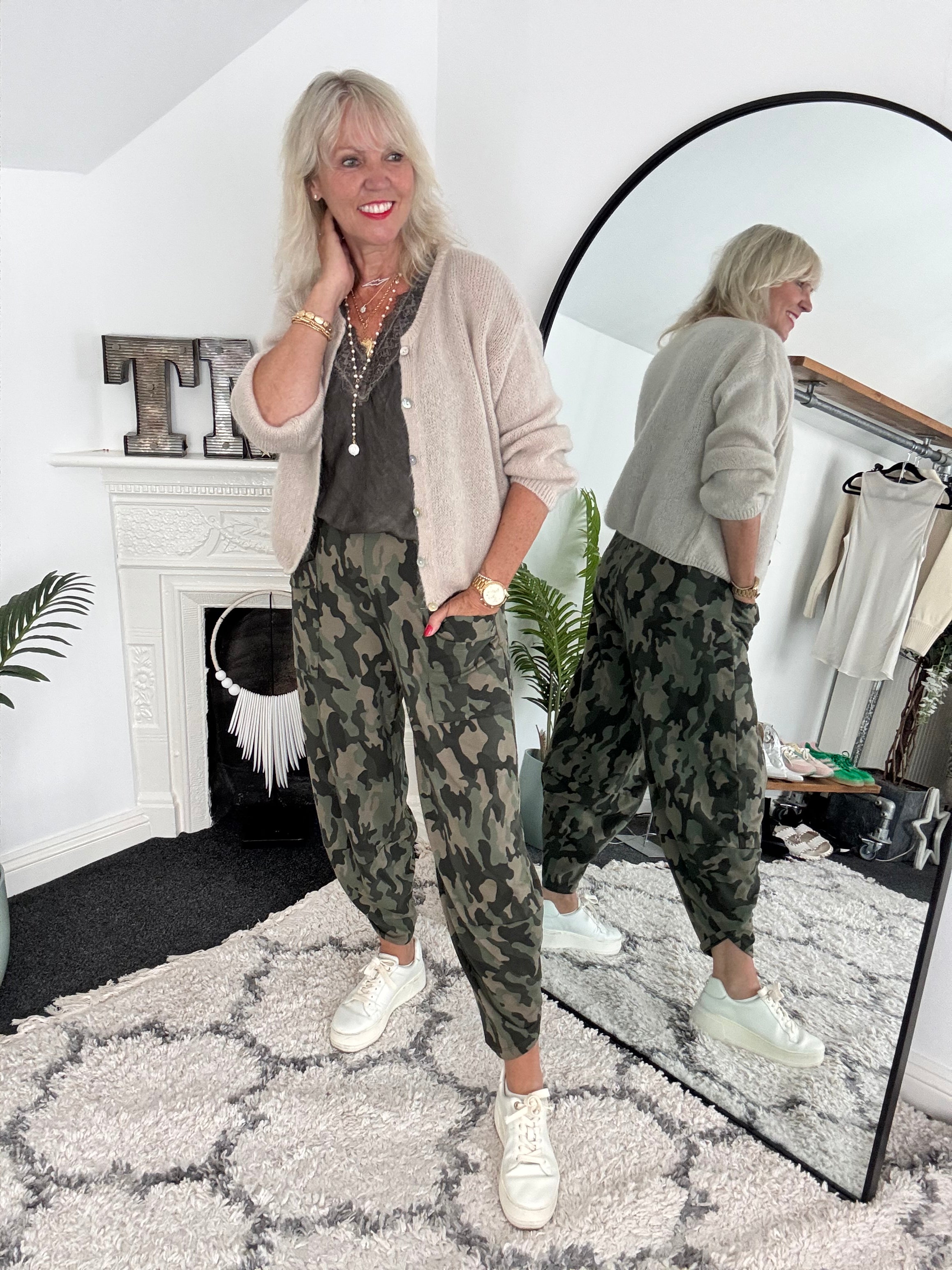 Barrel Cotton Jersey Trousers in Khaki Camo