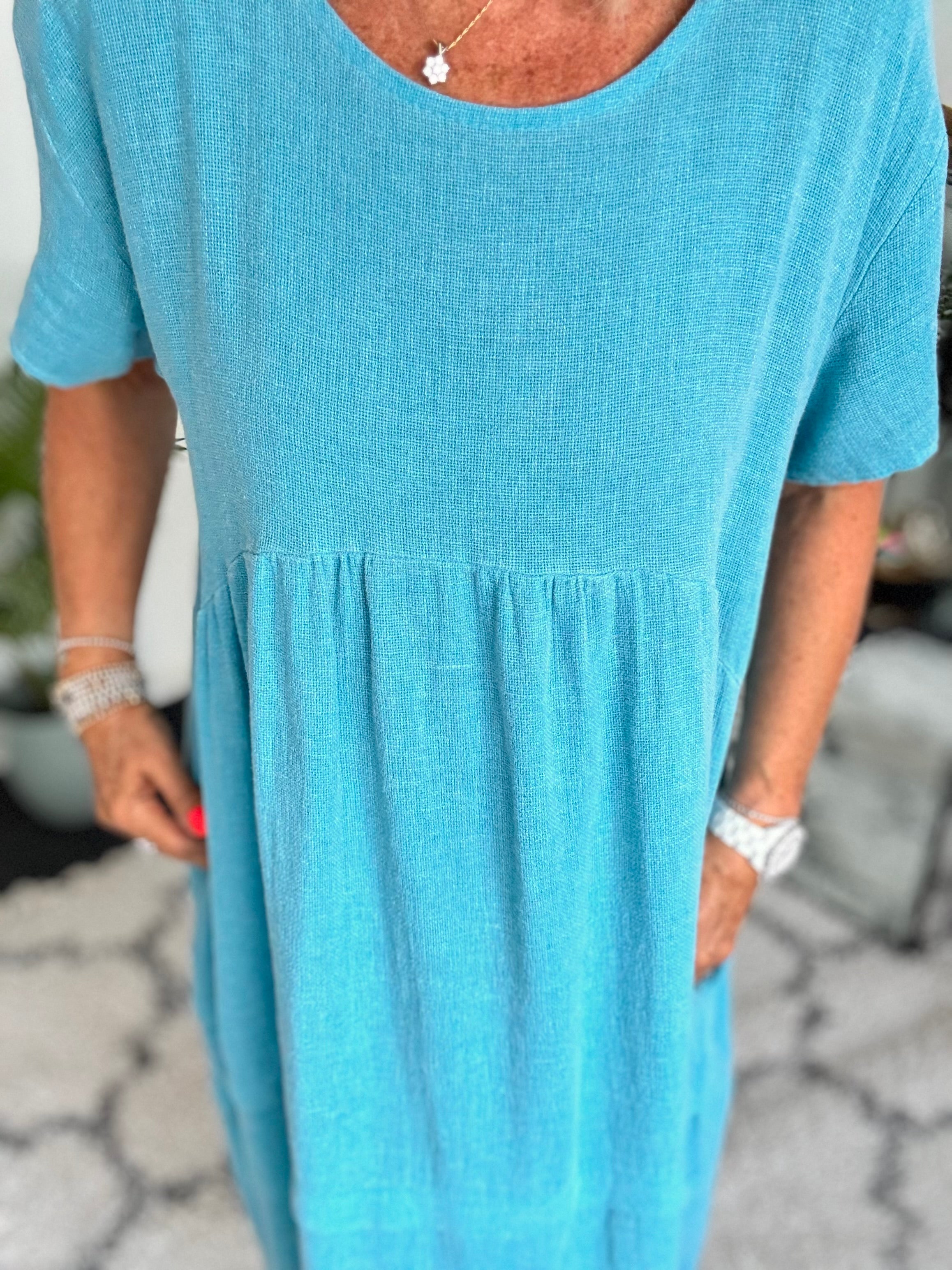 Cotton & Linen Cocoon Dress in Teal Blue