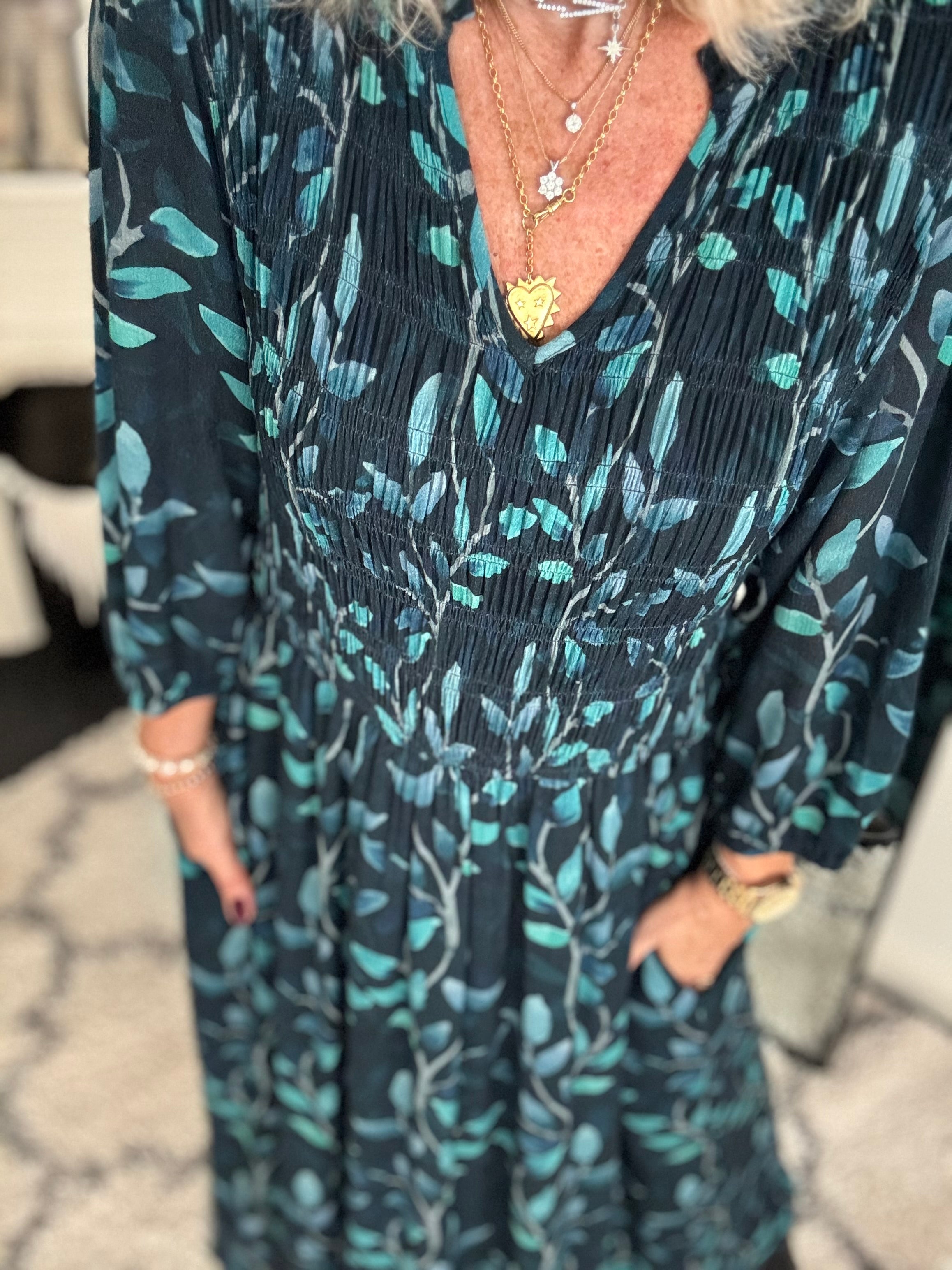 Leaf Print Dress with Shirred Bodice in Teal