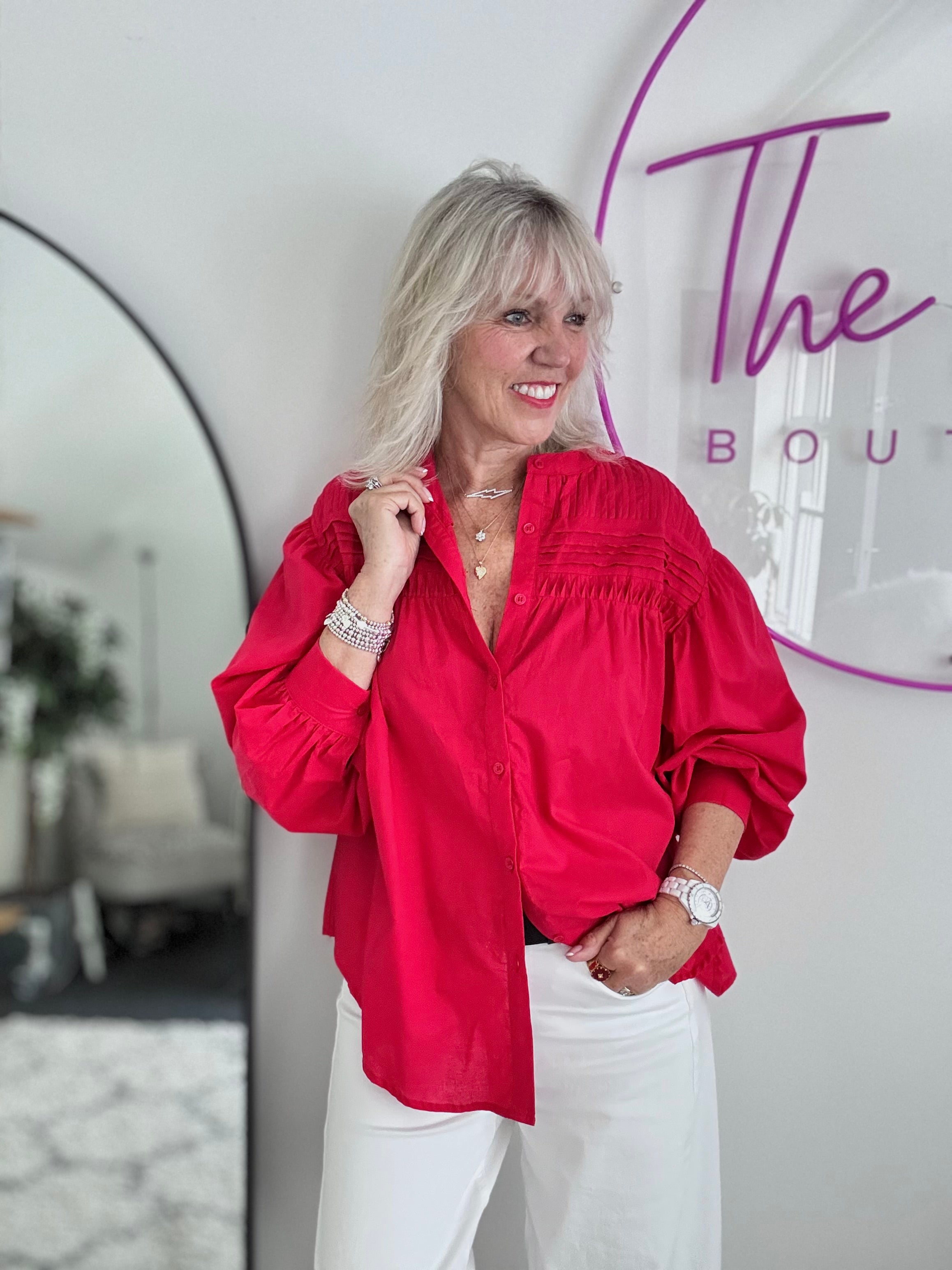 Pintucked Cotton Shirt in Red