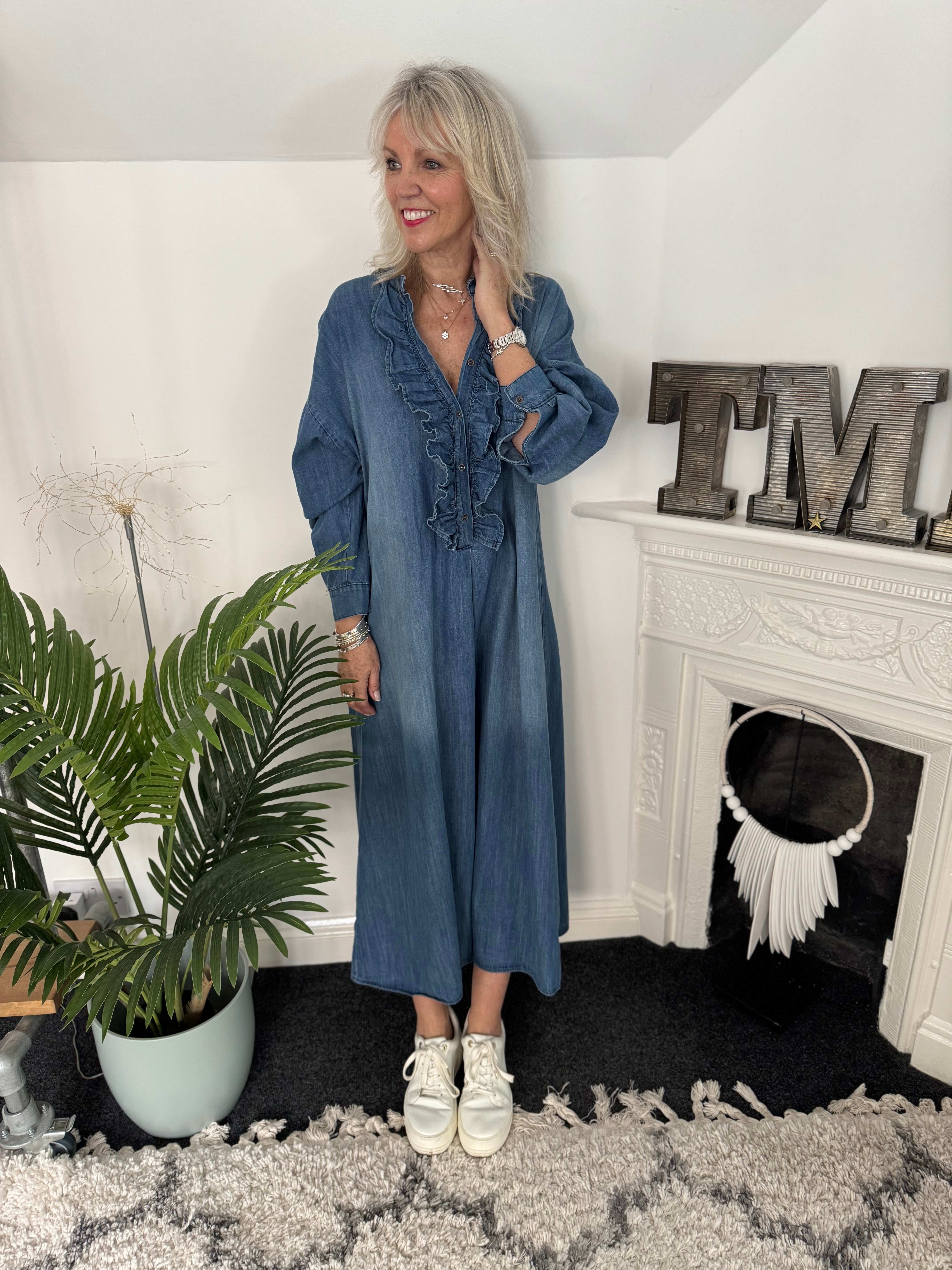 Designer Denim Dress with Ruffles