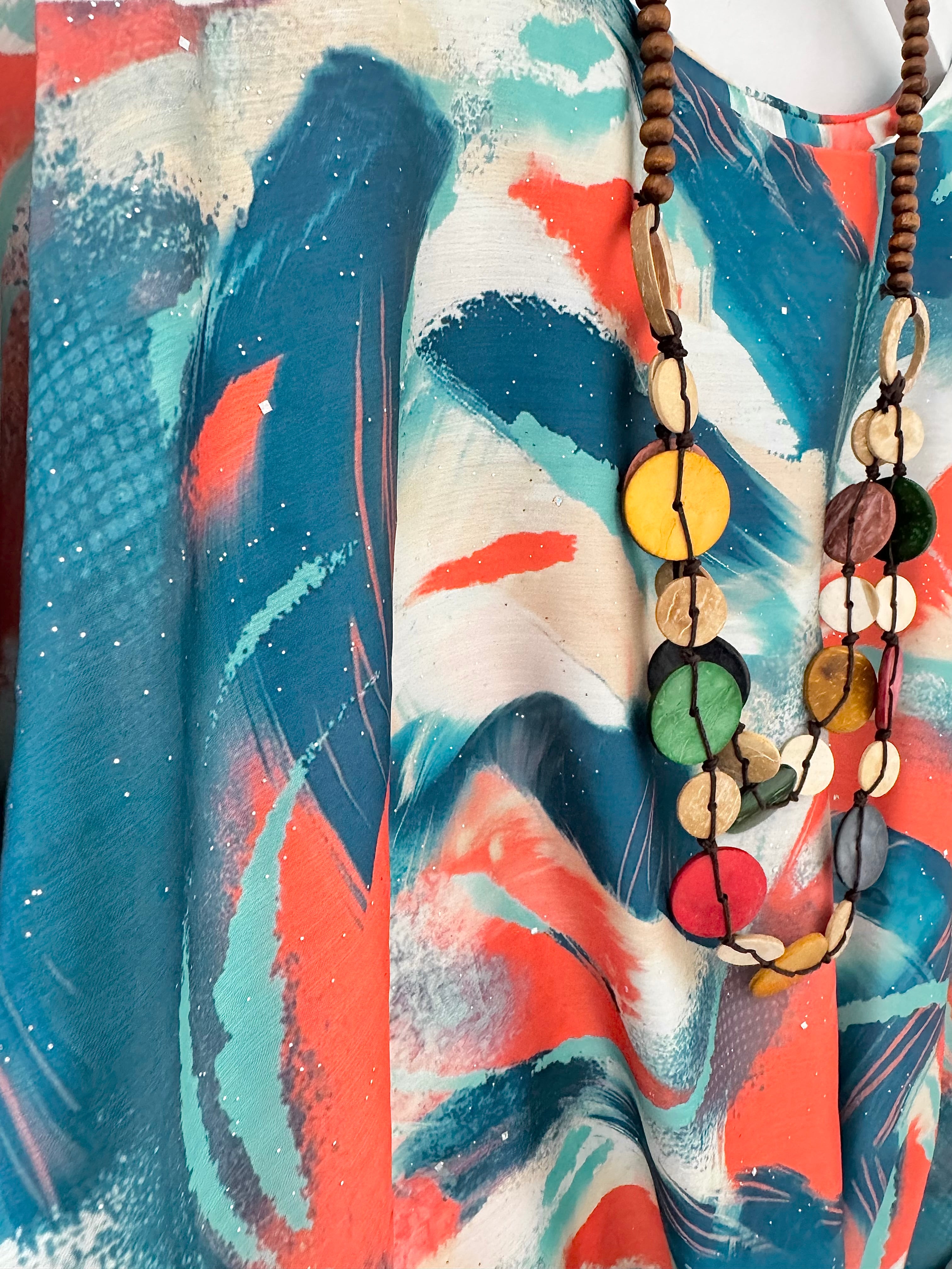 Silky Top with Necklace in Orange & Teal